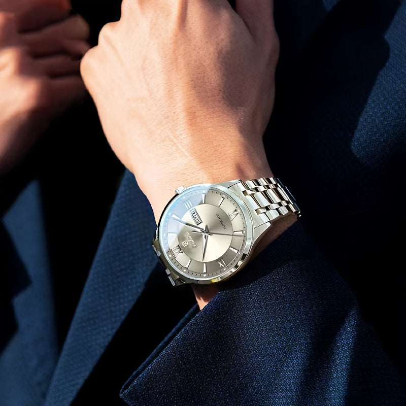 Elegant Men's Stainless Steel Quartz Watch - Luxurious Golden-Tone Business Timepiece with Dual Calendar & Luminous Hands, Waterproof - Ideal Gift for Birthdays & Anniversaries