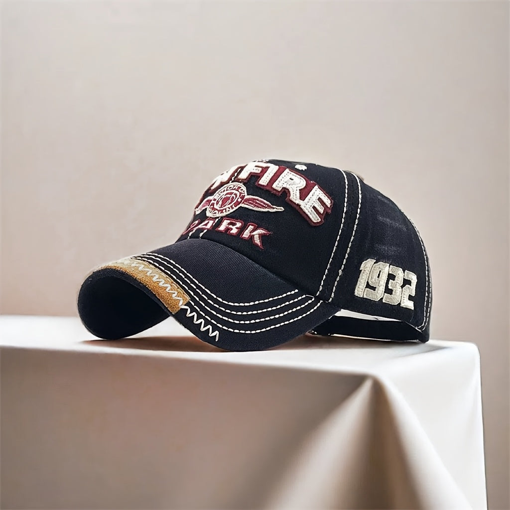Vintage 1932 Firefighter Baseball Cap - Red & Yellow, Adjustable Fit, Moisture-Wicking Polyester, Hand-Washable Outdoor Hat for Men and Women, Adjustable Baseball Cap | Logo Cap | Quality Craftsmanship, Firefighter Gift