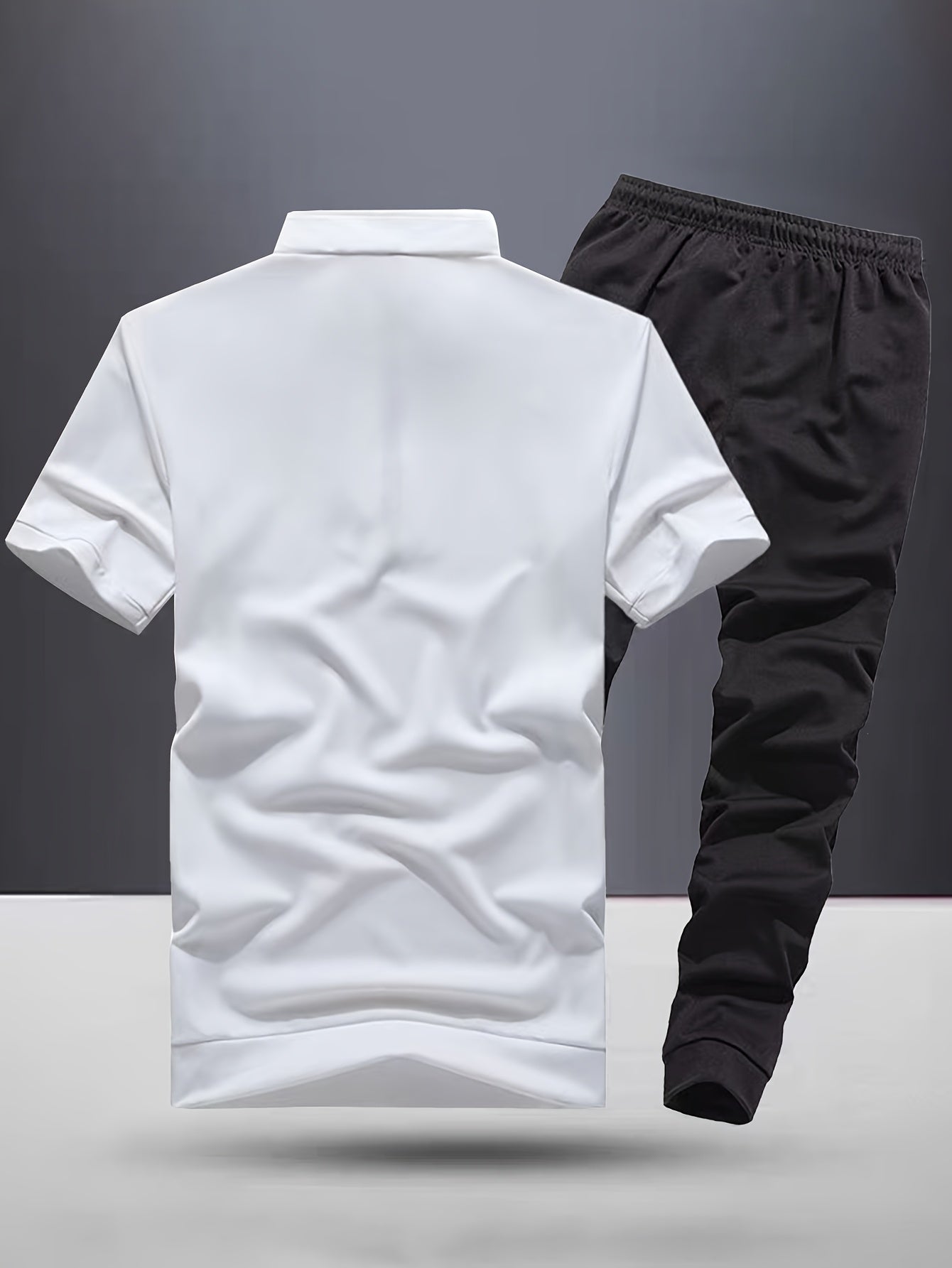 Men's Fashion Stripe Casual Suit, 2pcs Stylish Stand Collar Zippered Breathable Outfit with Short Sleeve T-Shirt and Drawstring Pants for Summer Wear