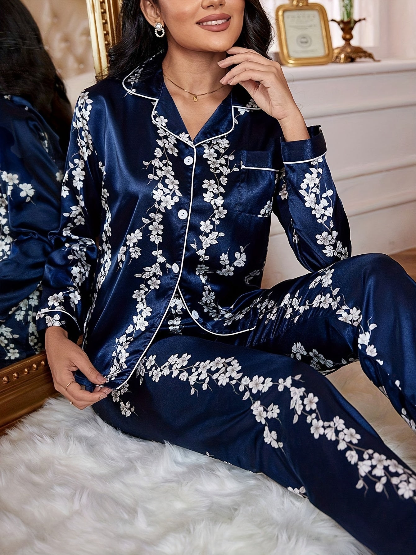 Women'S Vintage Elegant Floral Print Satin Pajama Set, Long Sleeve Top and Pants, Polyester 97% Elastane 3%, Lapel Collar, Woven, 90gsm, Fall/Winter Sleepwear