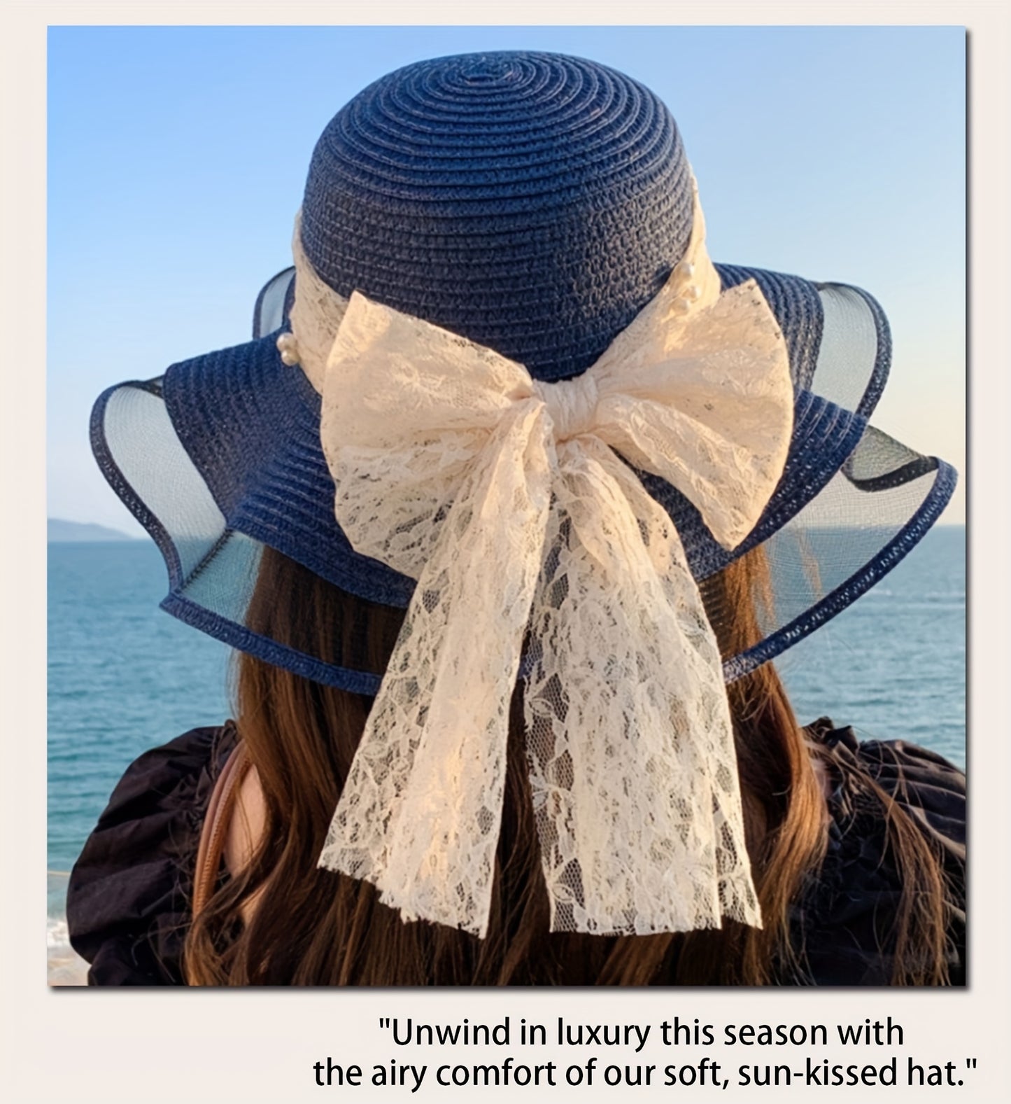 Women'S Elegant Straw Sun Hat with Lace Bow & Mesh Brim - Foldable, Breathable Beach Hat for Summer, Black Ruffled Sleeve Design, Perfect for & Stylish Outfits, Beach Accessories