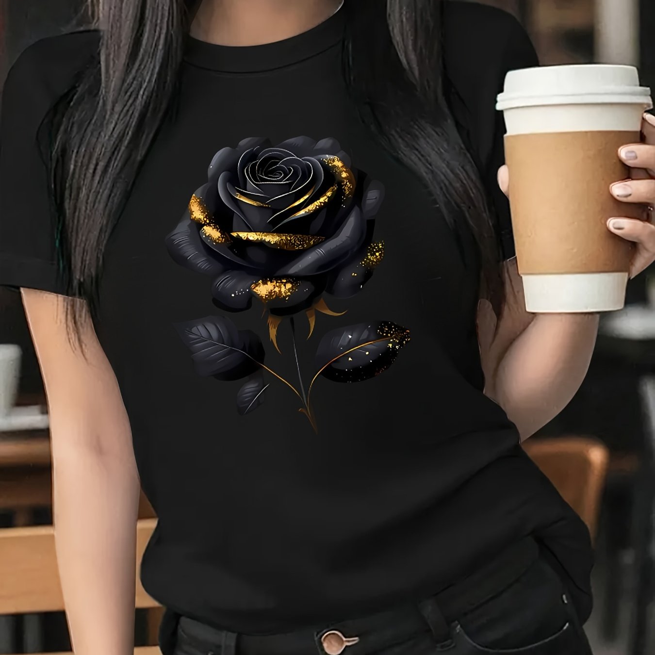 The Black Roseprint t-shirt, short sleeve crew neck casual top for summer & spring, Women's clothing gift
