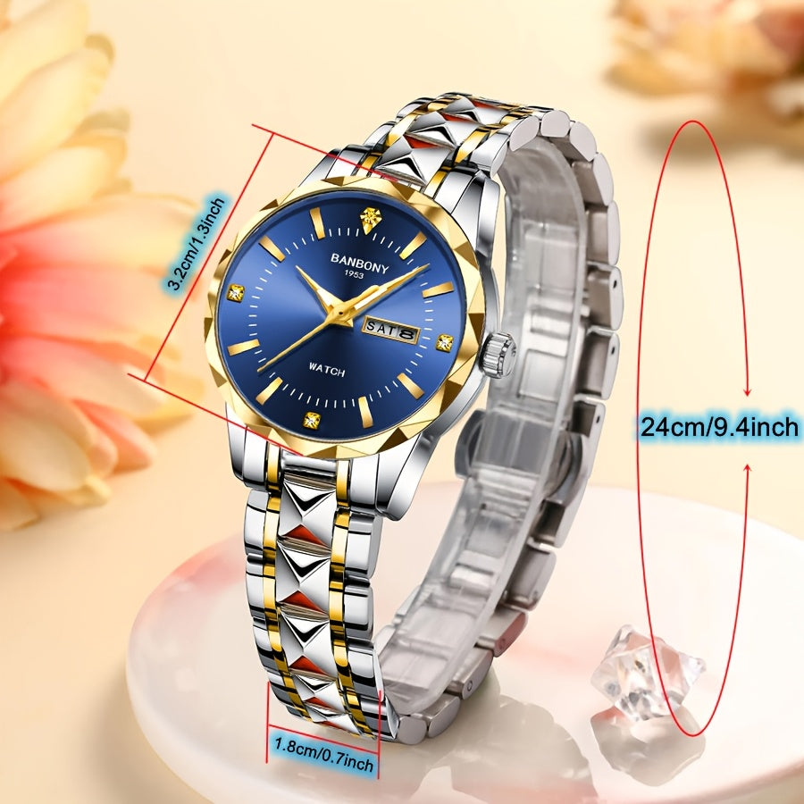 1pc BANBONY Women's Stainless Steel Quartz Watch with Rhinestone Accents, Scratch-Resistant Luminous Dial, IPX7 Waterproof, Week Calendar Display, Blue Dial & Golden-Tone Case - Luxury Casual Sports Watch for Birthdays, Holid