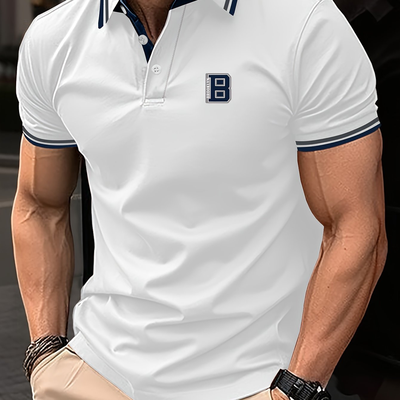 Men's Trendy Simple Letter Print Color Block Short Sleeve Button Up Lapel Shirt For Summer Daily, Golf Shirt