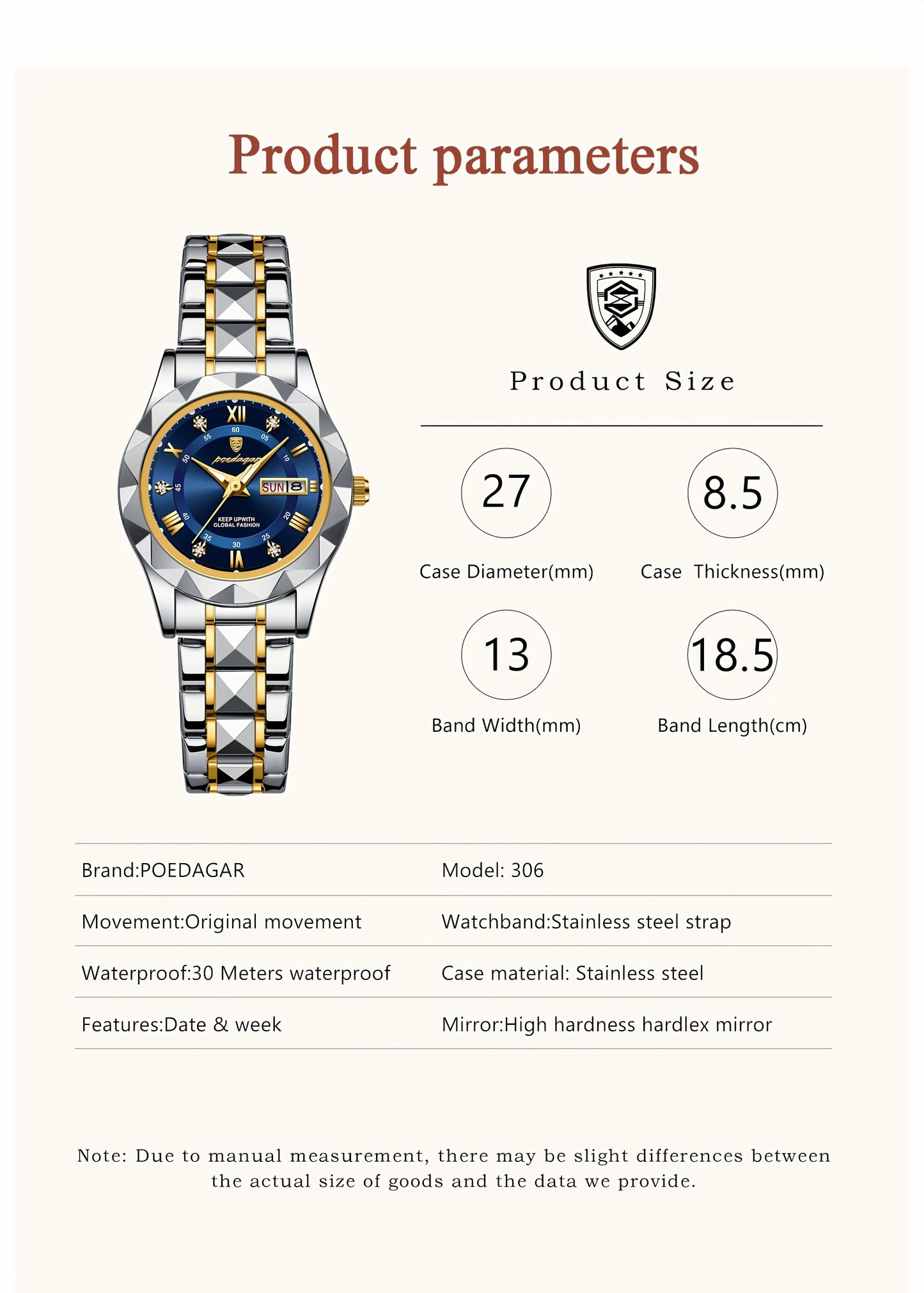 POEDAGAR 2023 New Women's Casual Quartz Watch - Stainless Steel Band, High Quality IPX7, Luminous Blue Dial with Roman Numerals, Date Display, Elegant Round Design for Casual Attire, Secure Clasp Closure