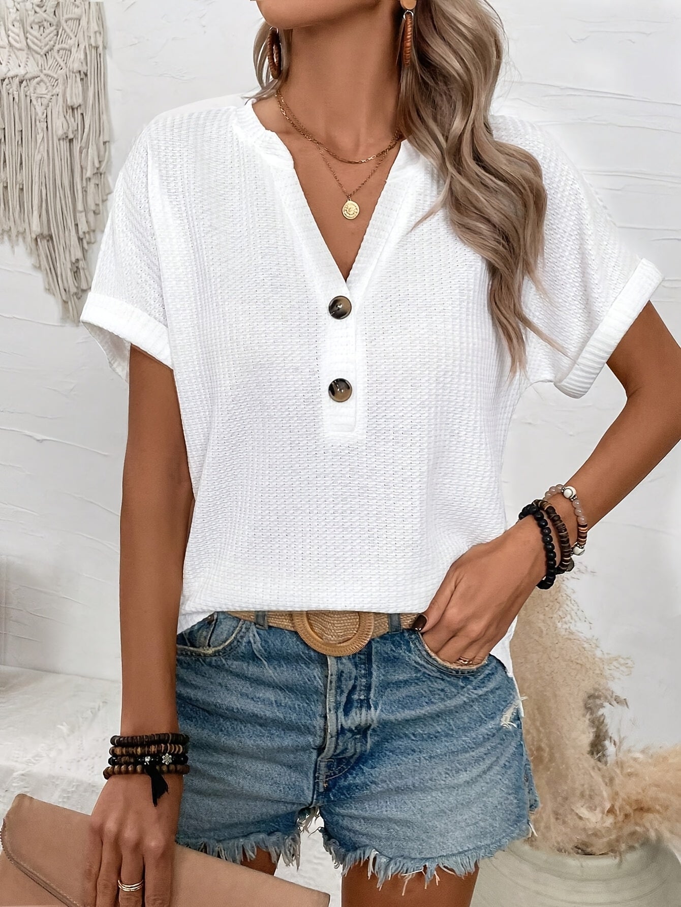 Women'S Summer Notched V-Neck Button-Up Casual T-Shirt - White, Short Sleeve, Casual Style, Casual Summer Wear|Vneck Tshirt|Short Sleeve Shirt