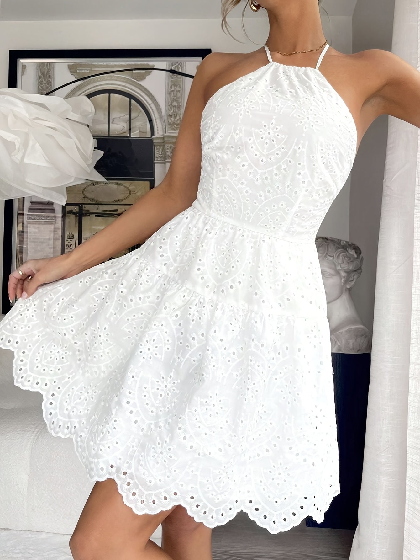 Elegant White Halter Neck Backless Dress with Floral Embroidery - Chic Scallop Trim, Sleeveless A-Line Mini for Spring & Summer, Machine Washable, Polyester, Casual Elegance Attire|Aline Silhouette|Intricate Embroidery