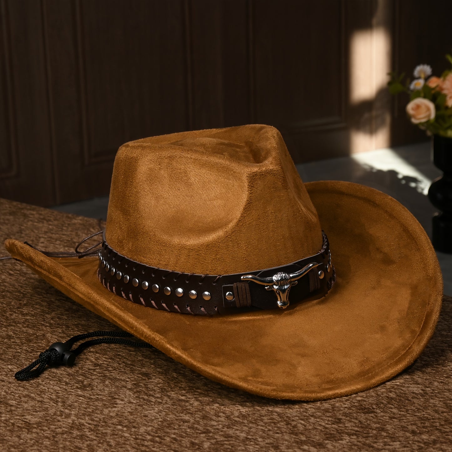 Western Cowboy Hats for Men And Women, Classic Faux Suede with Metal Studs And Bull Pattern, Lightweight Unisex Festival Occasion Hat, Woven Inelastic Polyester with Decorative Accessories, No Feather, Non-Washable