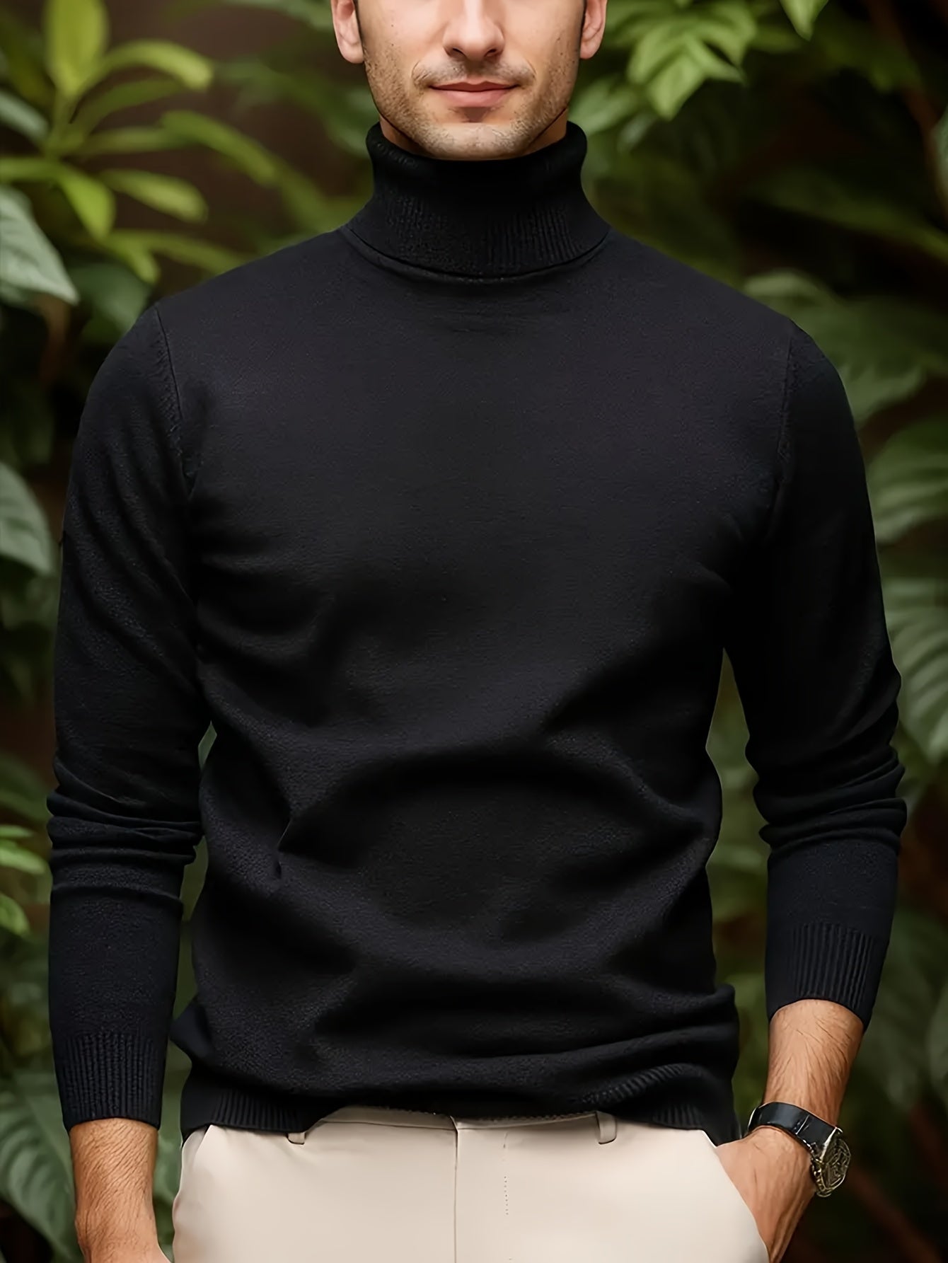 Men's Sleek Light Blue Turtleneck Sweater - Casual Knit Pullover with Ribbed Cuffs, Long Sleeves for Fall/Winter, Soft Viscose Blend