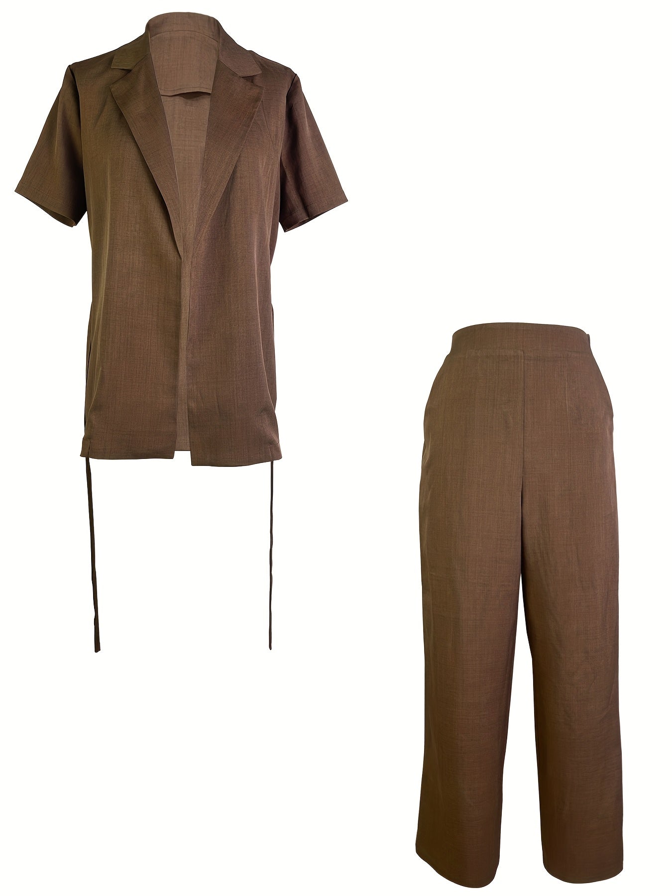 Elegant Women'S Two-Piece Set: Chic Beige Lapel Short-Sleeve Jacket with Ruched Detail & Straight Leg Pants - Polyester, Casual Spring/Summer Outfit, Casual Attire|Ruched Detail Jacket|Polyester Fabric