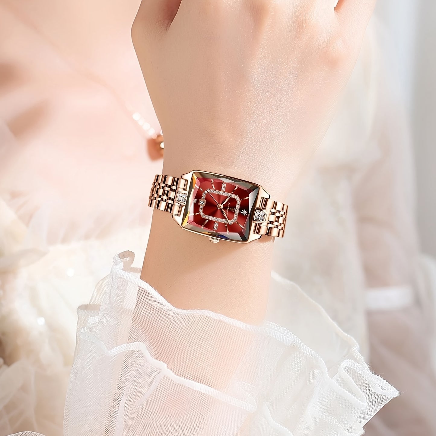 POEDAGAR Elegant Women's Quartz Watch - Rose Golden Stainless Steel, (3ATM), Square Dial with Gemstone Accents, Date Display, Luxury Fashion Accessory for Casual or Formal Occasions