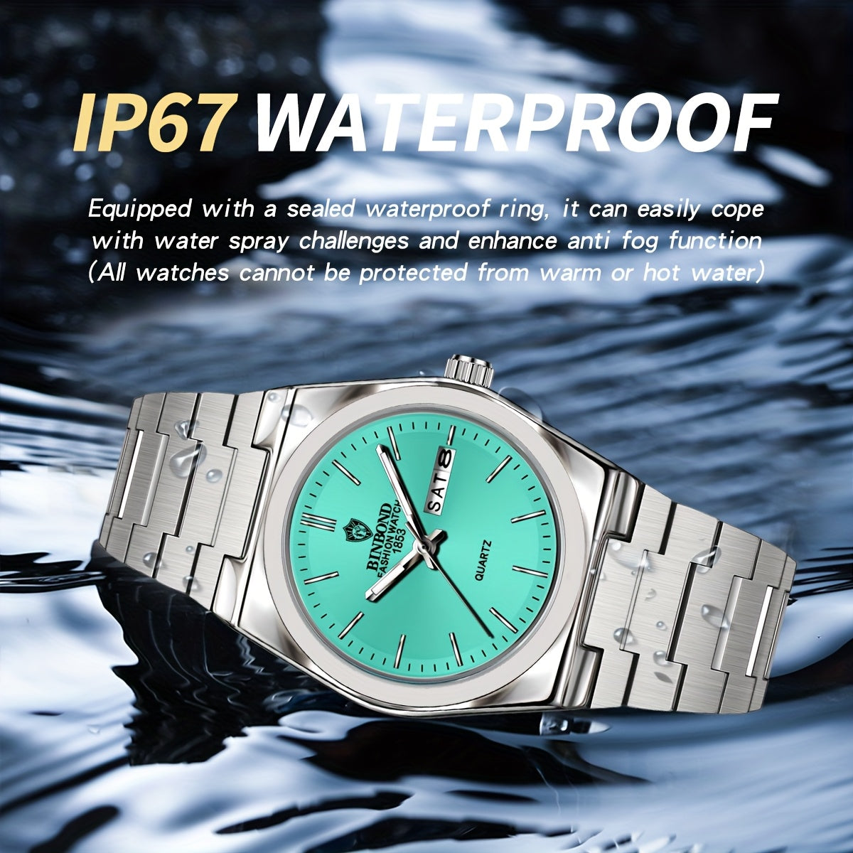 BINBOND Women's Elegant Quartz Watch, Stainless Steel Band, Aqua Green Dial, Date Display, IP67 Rated, Zinc Alloy Case, Perfect for Business or Casual Wear, Casual Wristwatch | Luxury Fashion Accessory | Sophisticated Aesthet