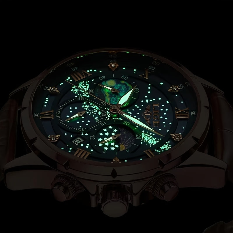 LIGE Luxury Quartz Chronograph Watch with Luminous Hands - Elegant Round Alloy Case, Blue Dial with Roman Numerals, Starry Night Design, Button Battery, Faux Leather Strap, Stylish Accessory|Starry Night Design|Luminous Hands