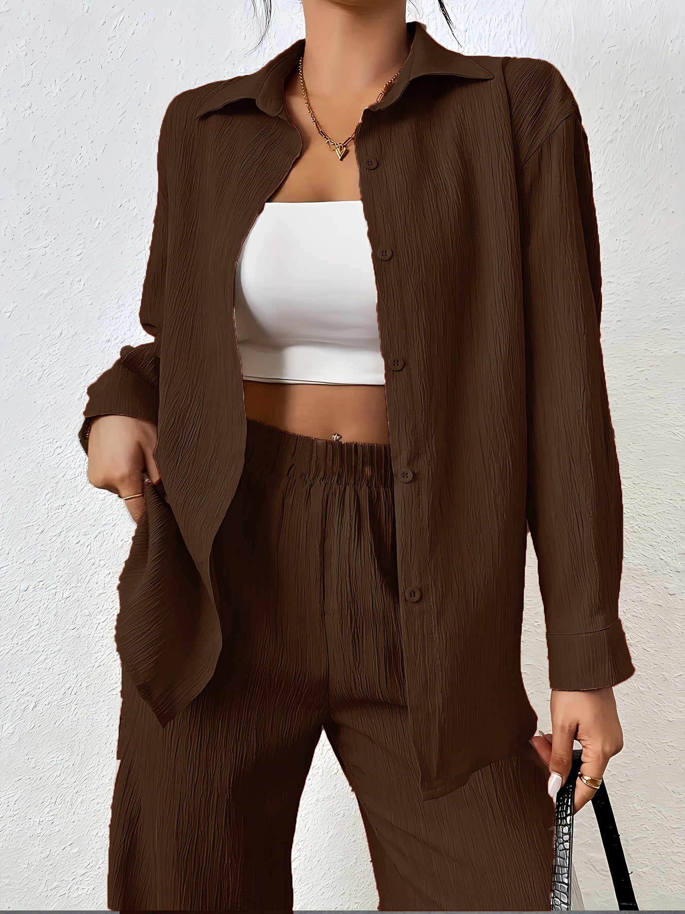 Women'S Casual Solid Color Long Sleeve Shirt + Long Pants 2pcs Set for Spring And Autumn.