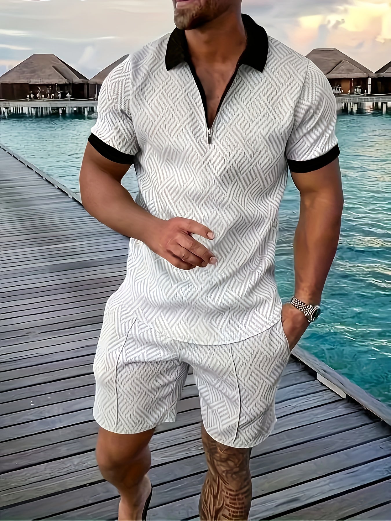 Men'S Tropical Print Casual Suit - Black Short Sleeve Zipper Shirt with White Pockets Shorts, Polyester, Machine Washable, Summer Beachwear, Summer Wear | Relaxed Fit Shirt | Woven Texture