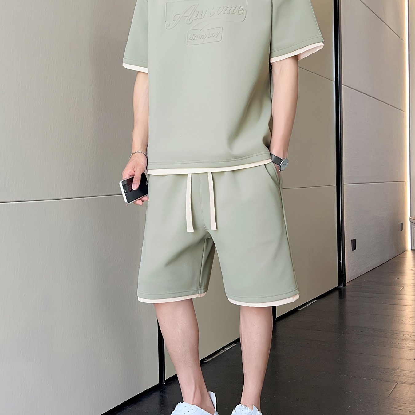 Men's Casual Fashion Sportswear Set - Light Gray "DREAMS" Print T-Shirt & Shorts, 100% Polyester, Machine Washable, Summer Outfit