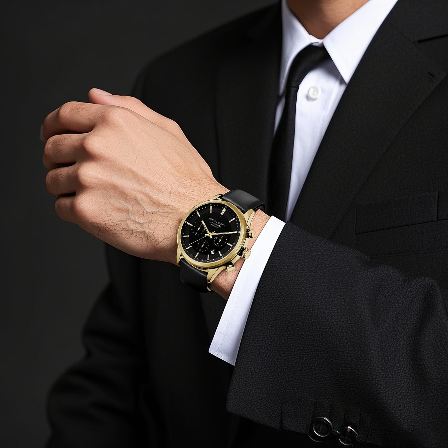 HANNAH MARTIN Men's 2025 Business Chronograph Watch - Black Arabic Numeral & Bar Markers, Date/Second Time Zone, Quartz Movement, Faux Leather Strap, High Quality 30m, Casual & Formal Watch for Casual Attire, Versatile Timepi