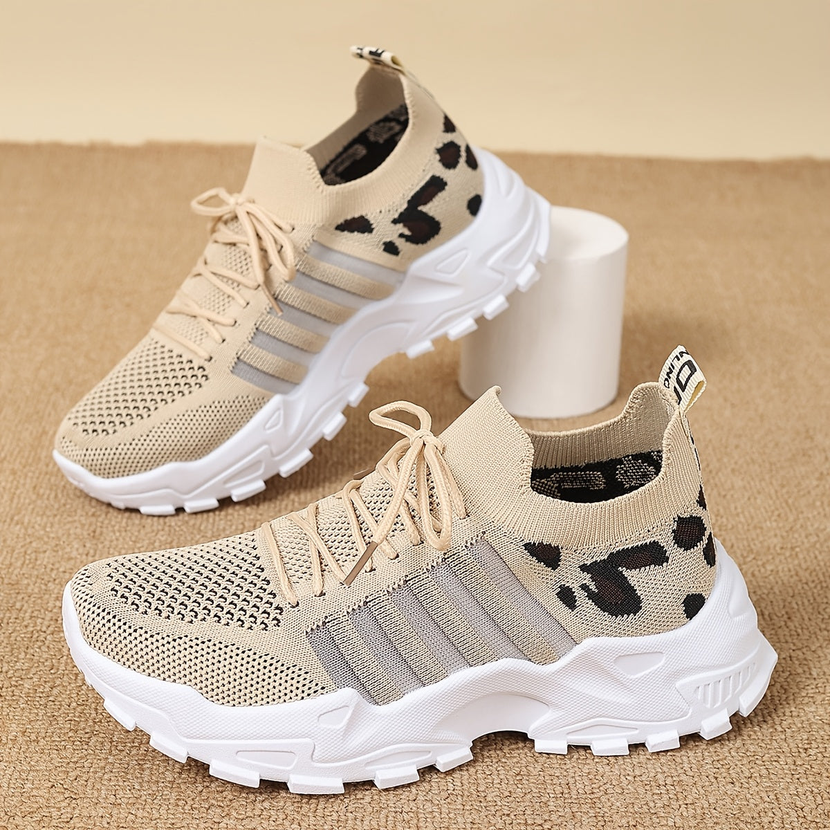 Women's Fashion Leopard Print Lace-Up Sneakers, Breathable Mesh Walking Shoes for Spring/Summer, Lightweight Comfortable Casual Sports Control Footwear with PVC Sole and Microfiber Insole