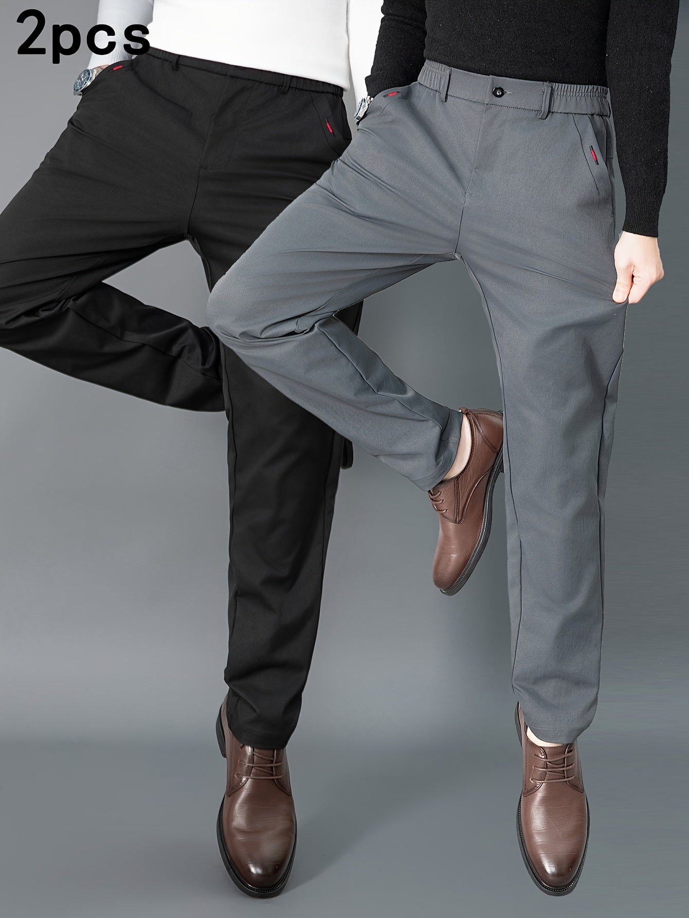 2pcs Men's Light Business Casual Pants - Straight Leg Dress Trousers, Lightweight & Comfortable for Office and Casual Attire, All Seasons, Navy Blue & Black, Polyester Fabric, Machine Washable, Versatile Dress Trousers | Styl