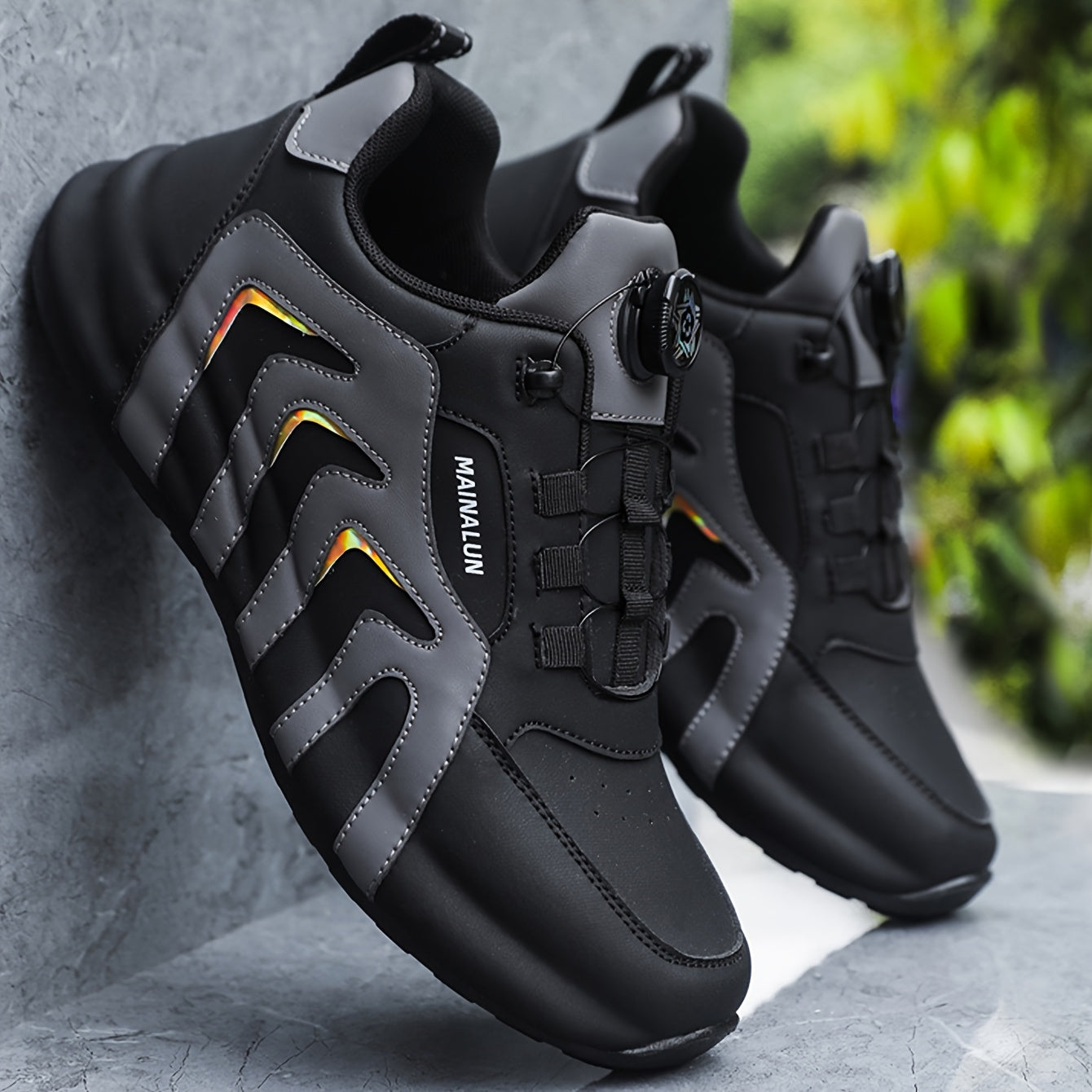 Men's Striped Casual Shoes Rotary Buckle Comfy Durable Outdoor Jogging Hiking Fishing, All Seasons