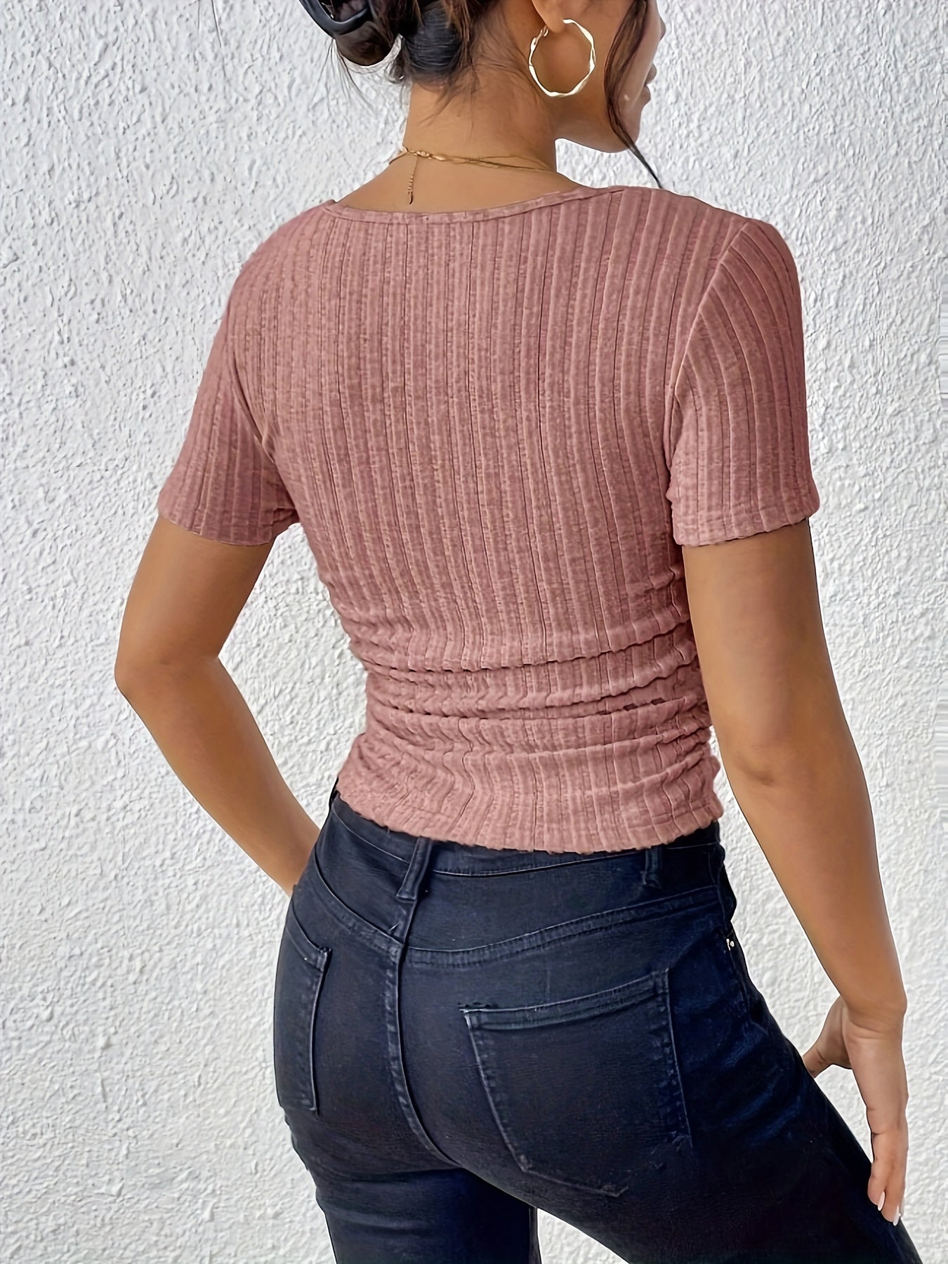 Elegant French Square Neck Ruched Side T-Shirt - Black, Stretchy & Machine Washable, Perfect for Spring/Summer, Casual Chic Style, Ladies T Shirts
