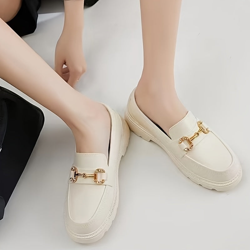 Women's Summer Fashion Loafers - Slip-On Platform Shoes with Metallic Buckle Decor, Round Toe, Cream/Black/Brown, Thick Sole TPU Material for Casual Outdoor Wear