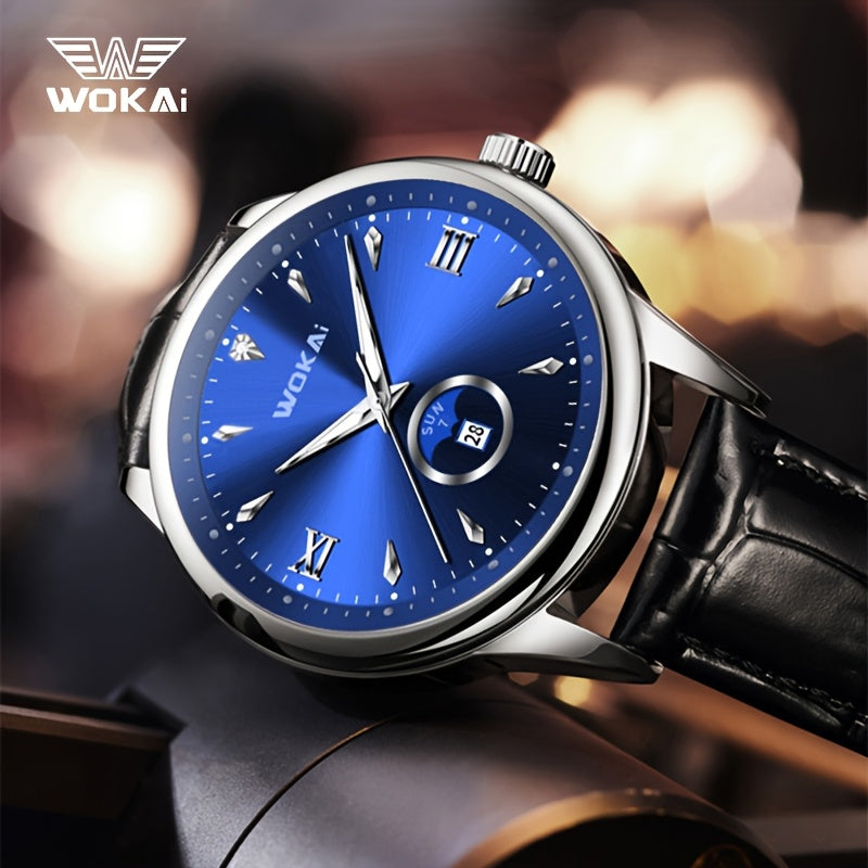 WOKAI Men's Sporty Watch with Glowing Dial, World Time & Date, Round Plastic Case, Faux Leather Strap, Battery-Powered, Perfect Gift for Spring & Summer