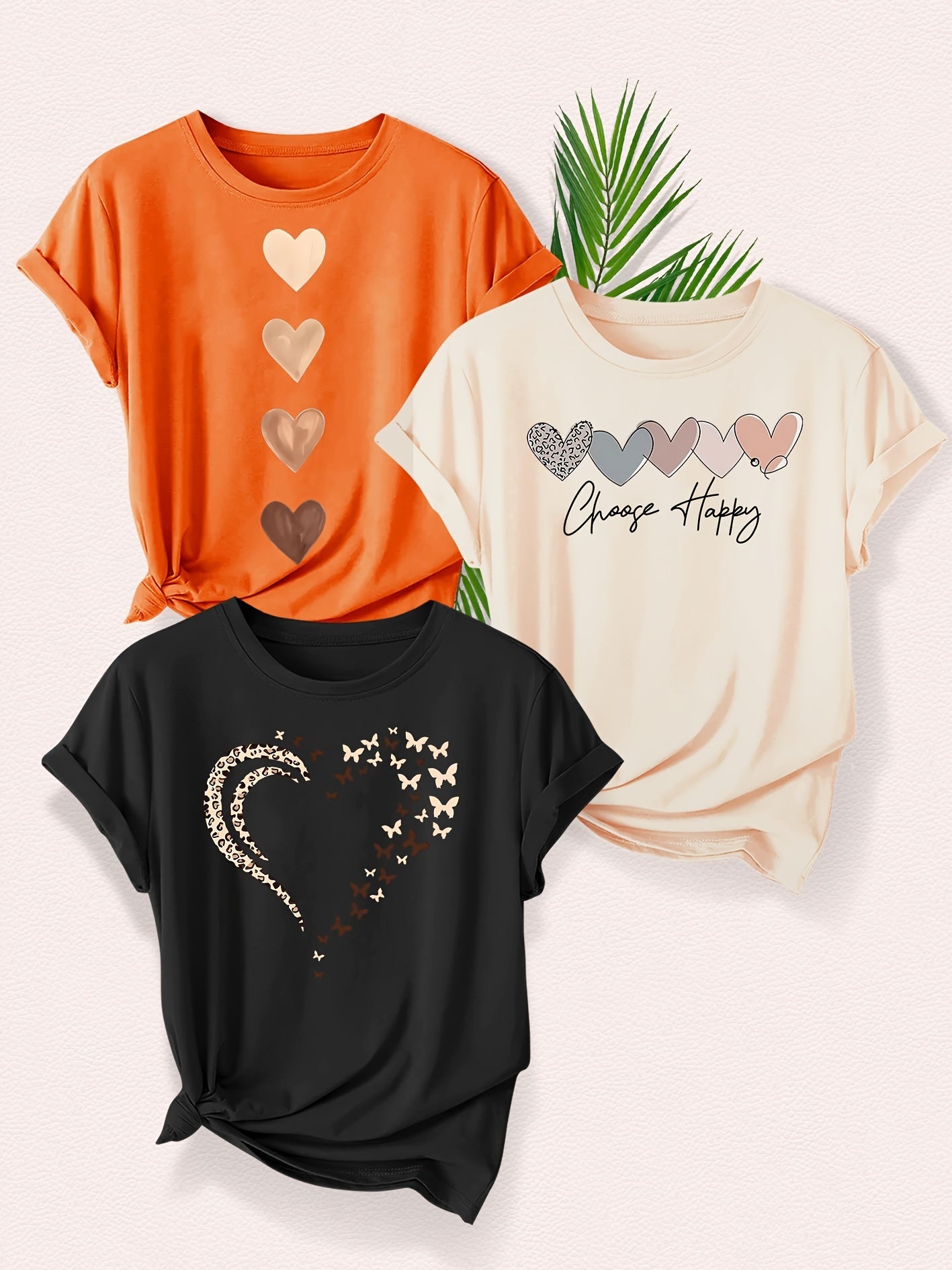 Leopard Print Small Butterfly Love Hearts in Pairs with English Letter Pattern Printed Fashion Retro Style Women's Spring, Autumn and Winter Casual Sports Top Round Neck Short Sleeve T-shirt 3pcs Combination Pack Family Pack