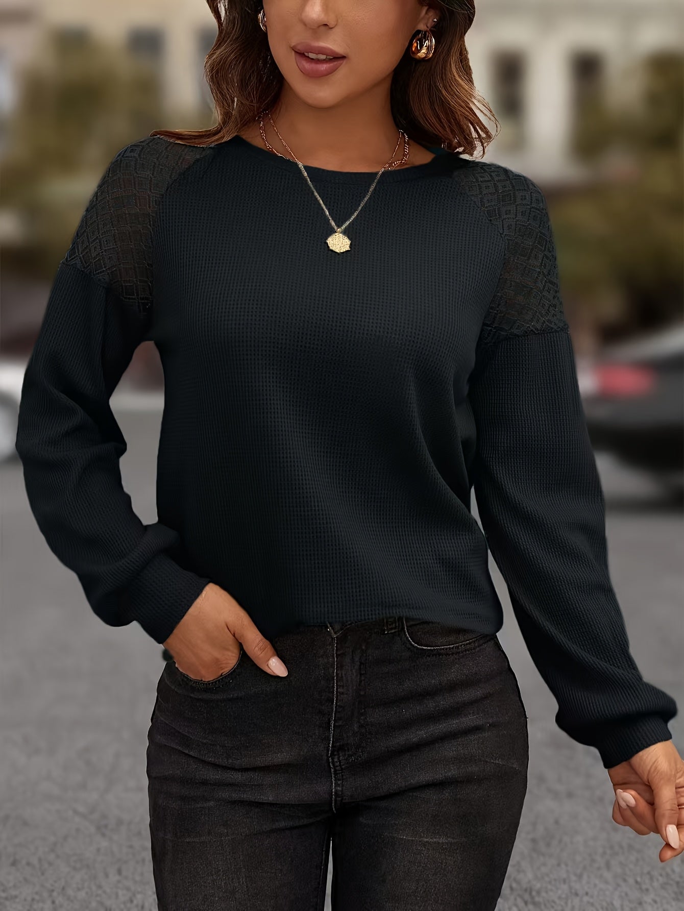 Contrast Lace Crew Neck T-Shirt, Casual Long Sleeve Top For Spring & Fall, Women's Clothing