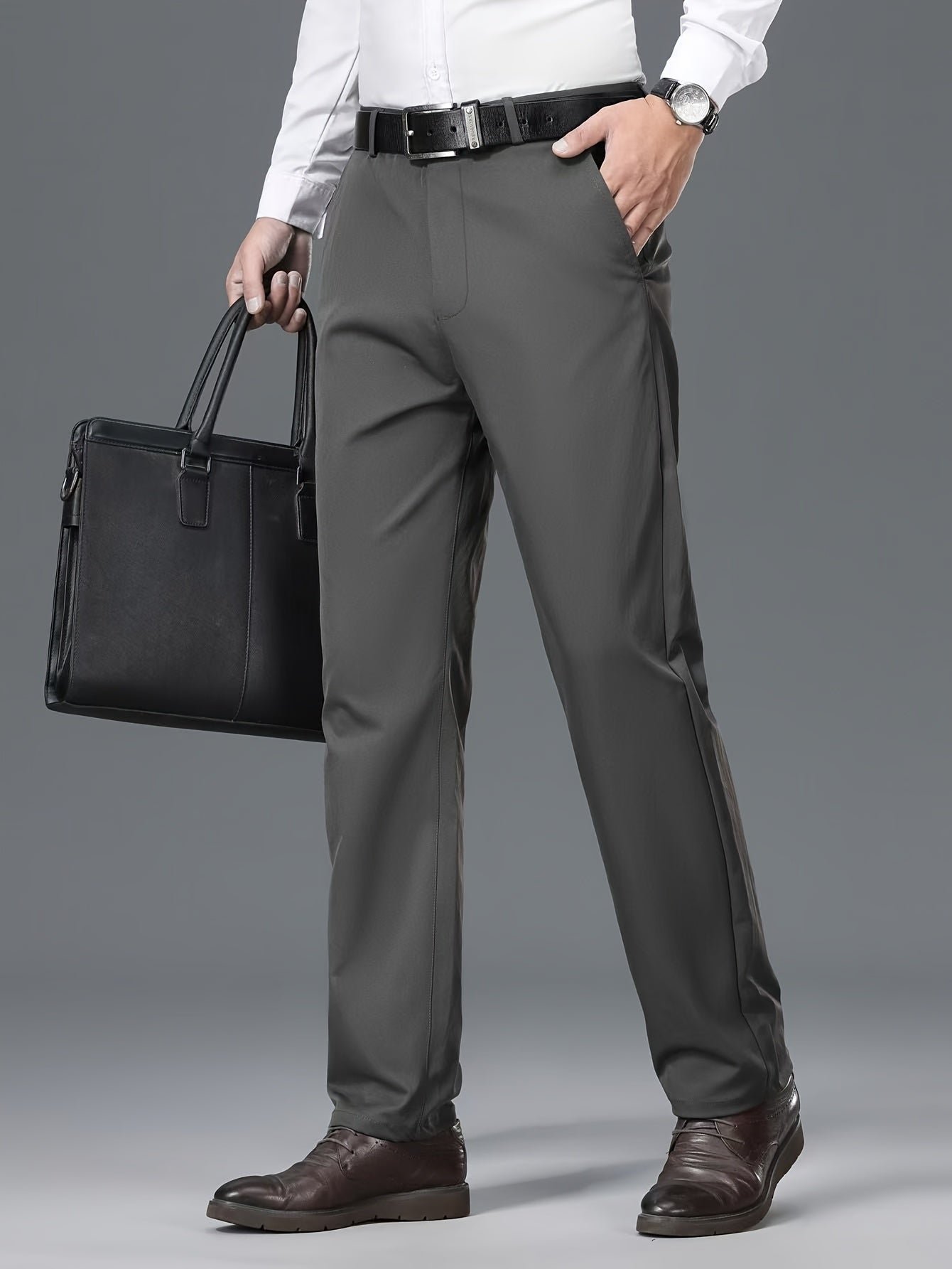 1pc Men'S Spring/Fall Light Business Casual Straight Leg Pants, 100% Polyester, Solid Color, Slight Stretch, Mid Waist, Regular Fit, Zipper Fly, Woven, No Lining - Versatile for Work and Casual Occasions