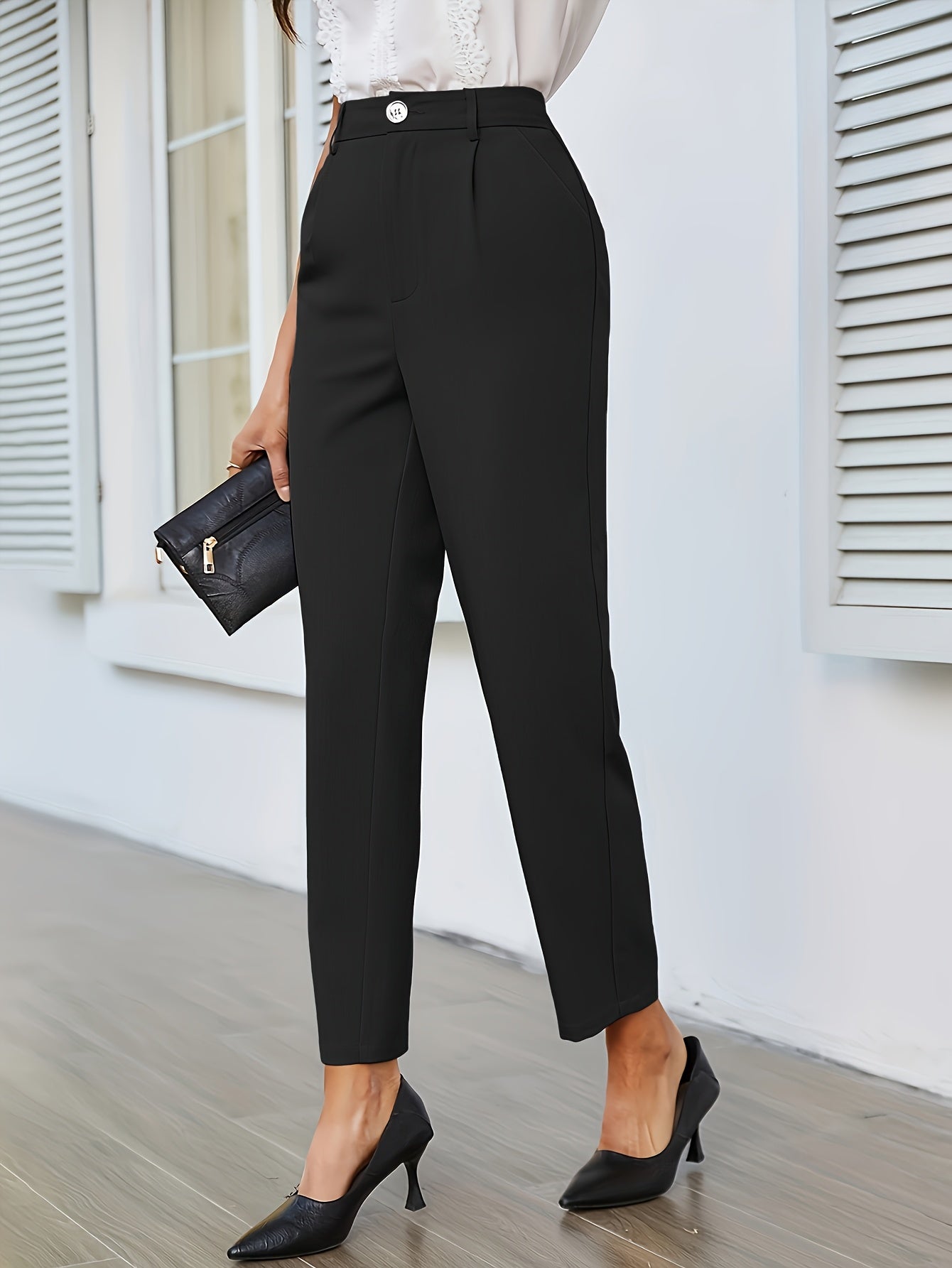 Solid Straight Leg Pants, Elegant Button Elastic Waist Slim Straight Leg Suit Pants For Spring & Summer, Women's Clothing