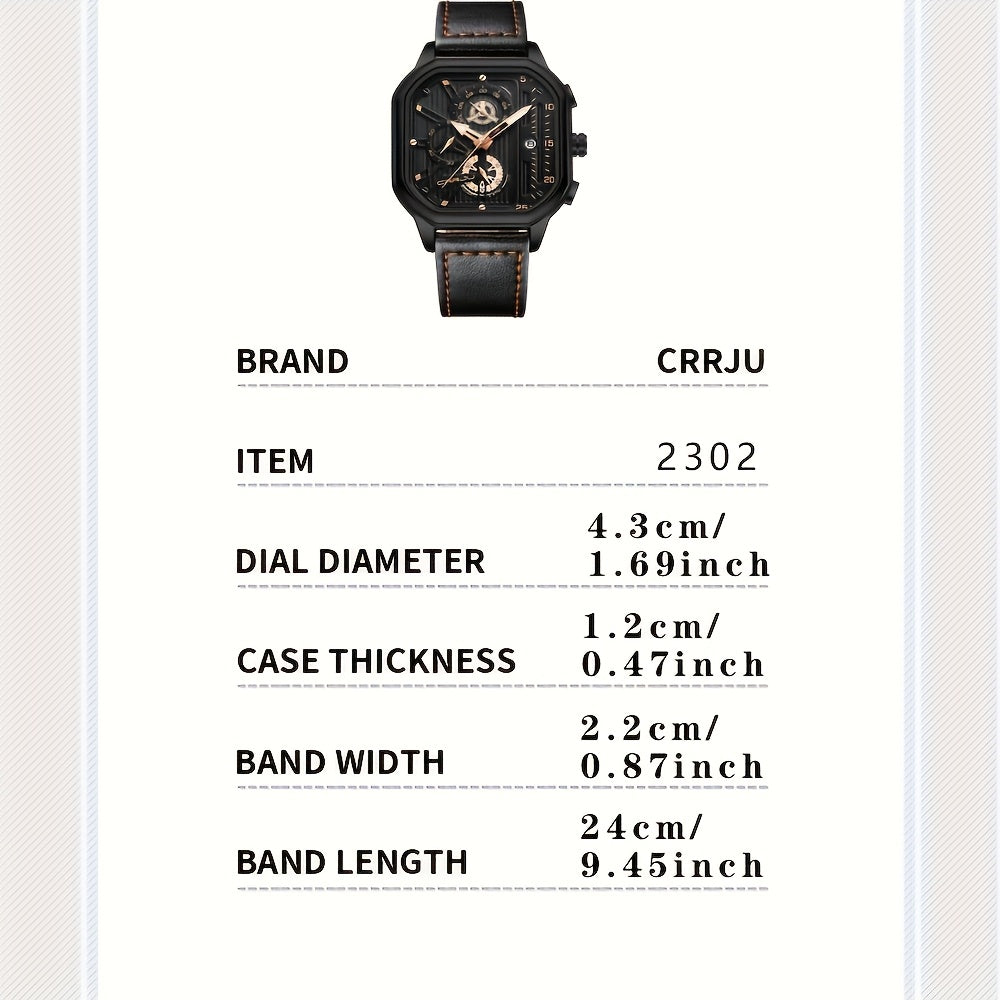 CRRJU Men's Sporty Chronograph Watch with Rose Golden Accents, Quartz Movement, IPX8 High Quality, Black Dial & Brown Faux Leather Strap - Durable Casual & Formal Timepiece