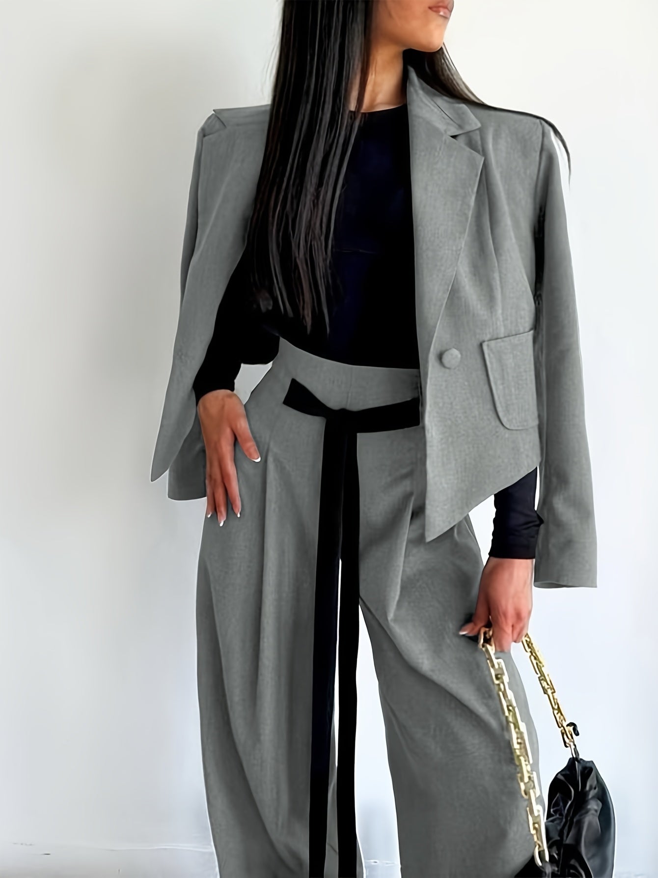 BK052044 Elegant Suit Jacket and Waist-Tie Loose Straight-Leg Wide-Leg Pants Women's Two-Piece Suit