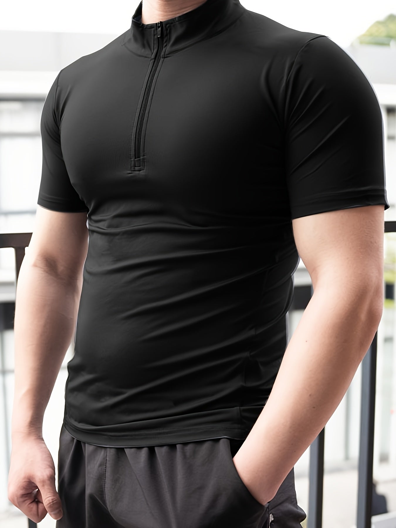 Men's Summer Quick-Dry High Neck T-Shirt - Moisture-Wicking Stretch Fabric, Slim Fit Athletic Top for Gym, Running & Training - Solid Color Breathable Workout Shirt, Gym Clothes