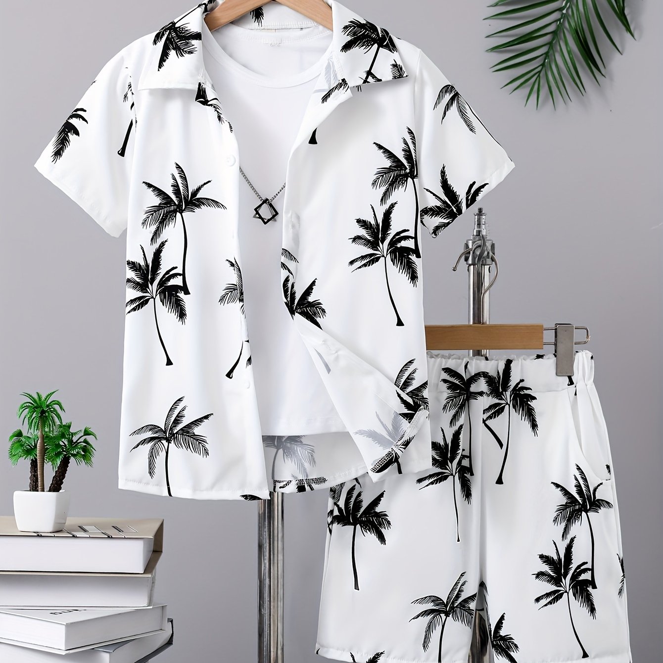 2pcs Boys Casual Coconut Tree Graphic Print Short Sleeve Lapel Shirt & Shorts Set, Comfy Summer Boys Clothing For Daily & Outdoor Wear