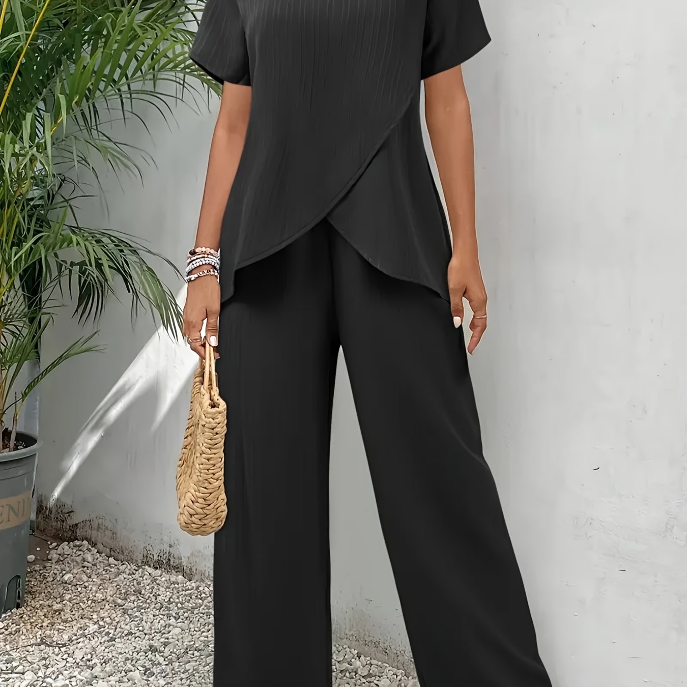Solid color casual pants set, asymmetrical hem round neck short sleeve top and pants set, Women's clothing