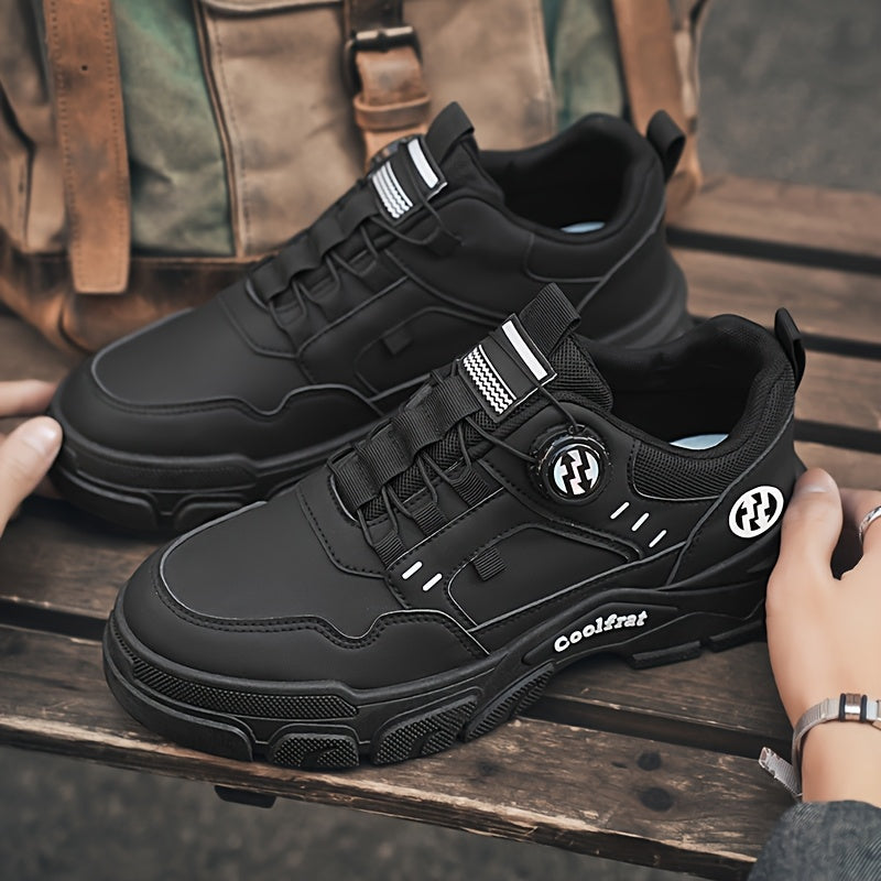 Men's Solid Color Skate Sneakers - Adjustable Rotating Buckle Straps, Slip-Resistant PVC Sole & Durable PU Upper, Low-Top Lace-Up Design for Hiking, Walking, Daily Wear - All-Season Casual Streetwear Shoes, Skate Shoes