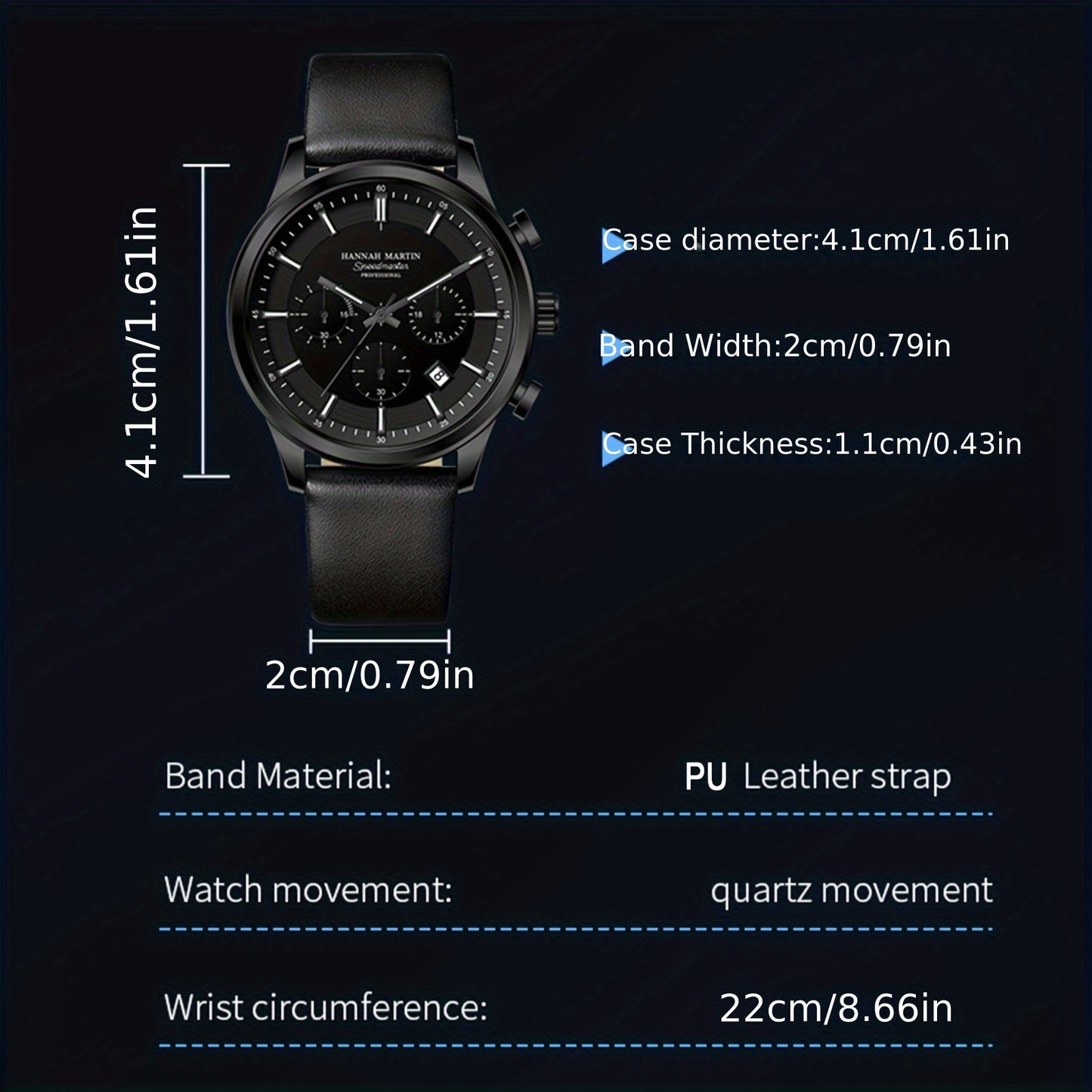 HANNAH MARTIN Men's 2025 Business Chronograph Watch - Black Arabic Numeral & Bar Markers, Date/Second Time Zone, Quartz Movement, Faux Leather Strap, High Quality 30m, Casual & Formal Watch for Casual Attire, Versatile Timepi
