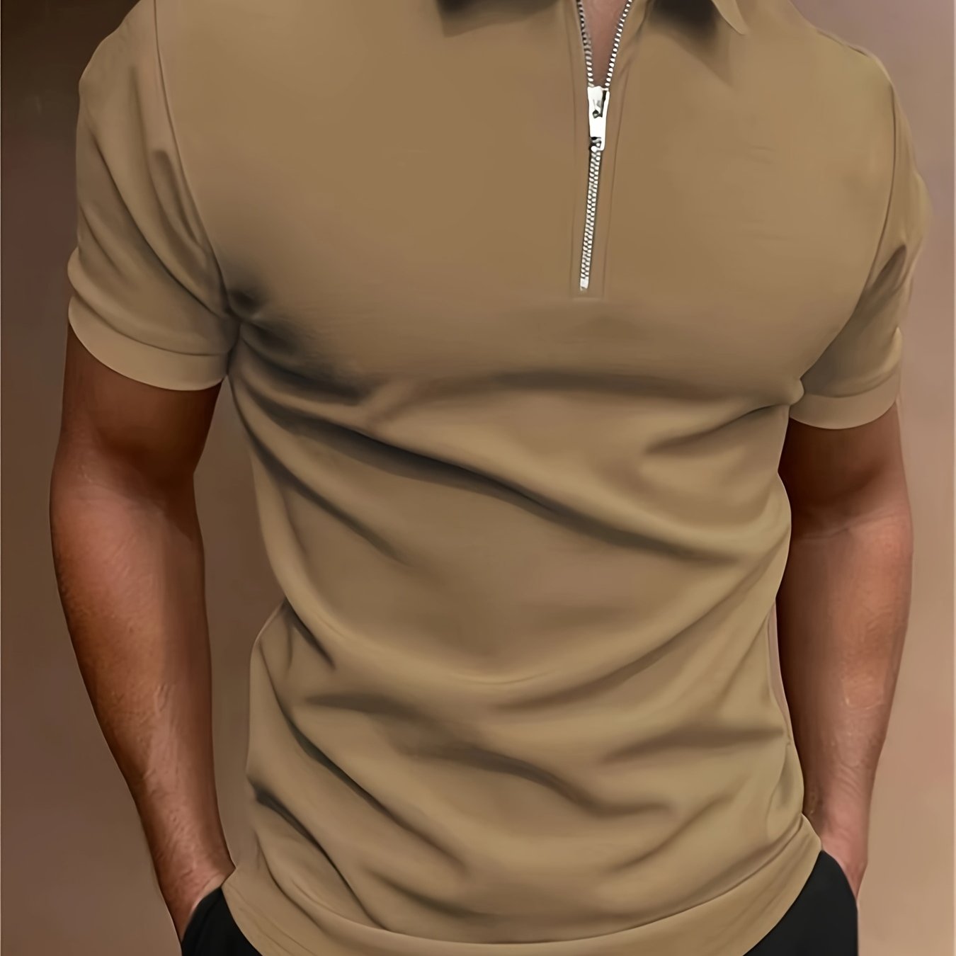 Casual Stretch Men's Solid Color Zipper Lapel Golf Shirt, Male Summer Streetwear