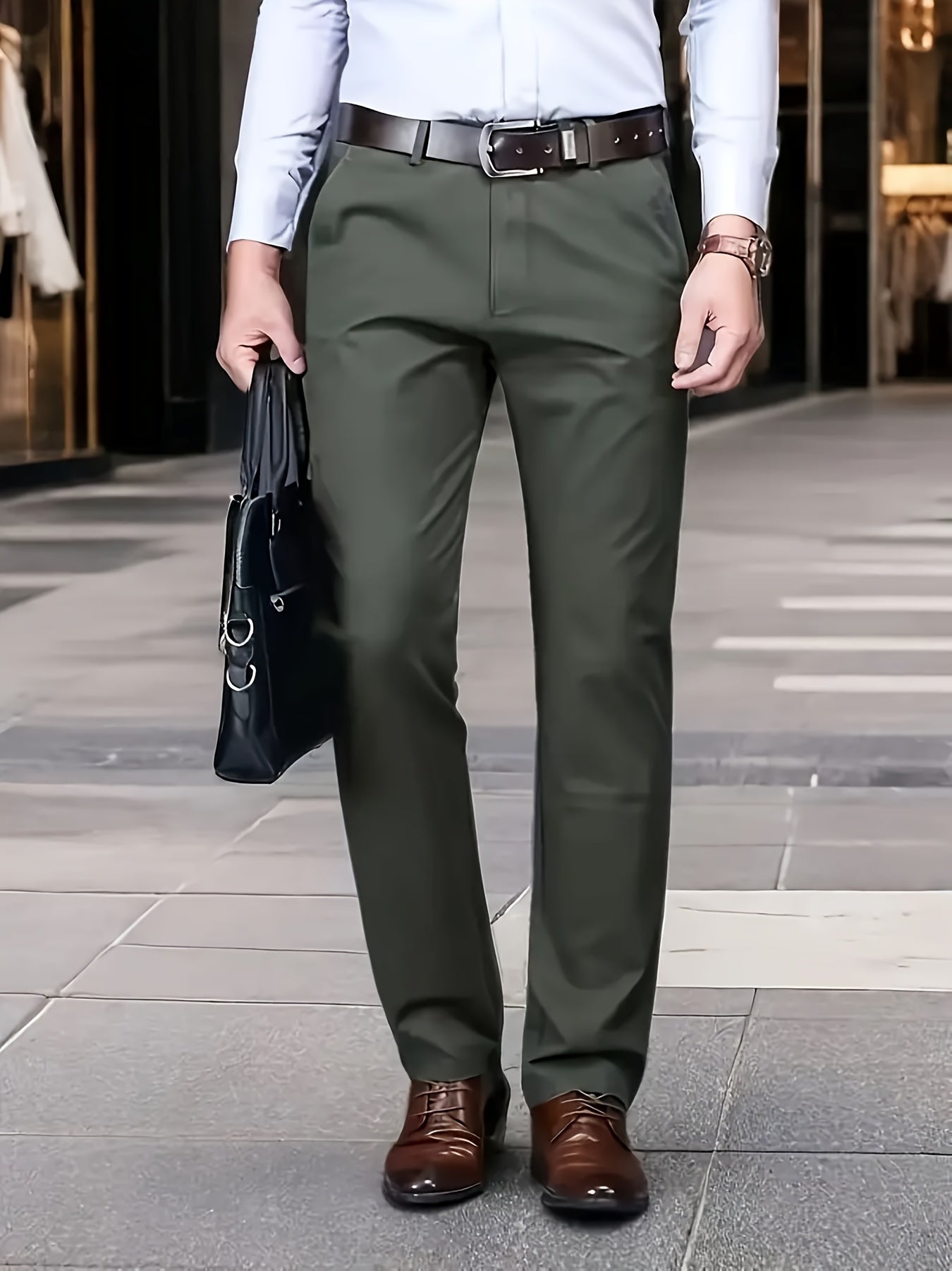 Men's Classic Business Dress Pants, Solid Color Casual Trousers, 100% Polyester, Regular Fit, with Zipper Fly, for Daily Wear and Gifting, All-Season, Allseason Trousers | Notch Lapel Design | Polyester Trousers
