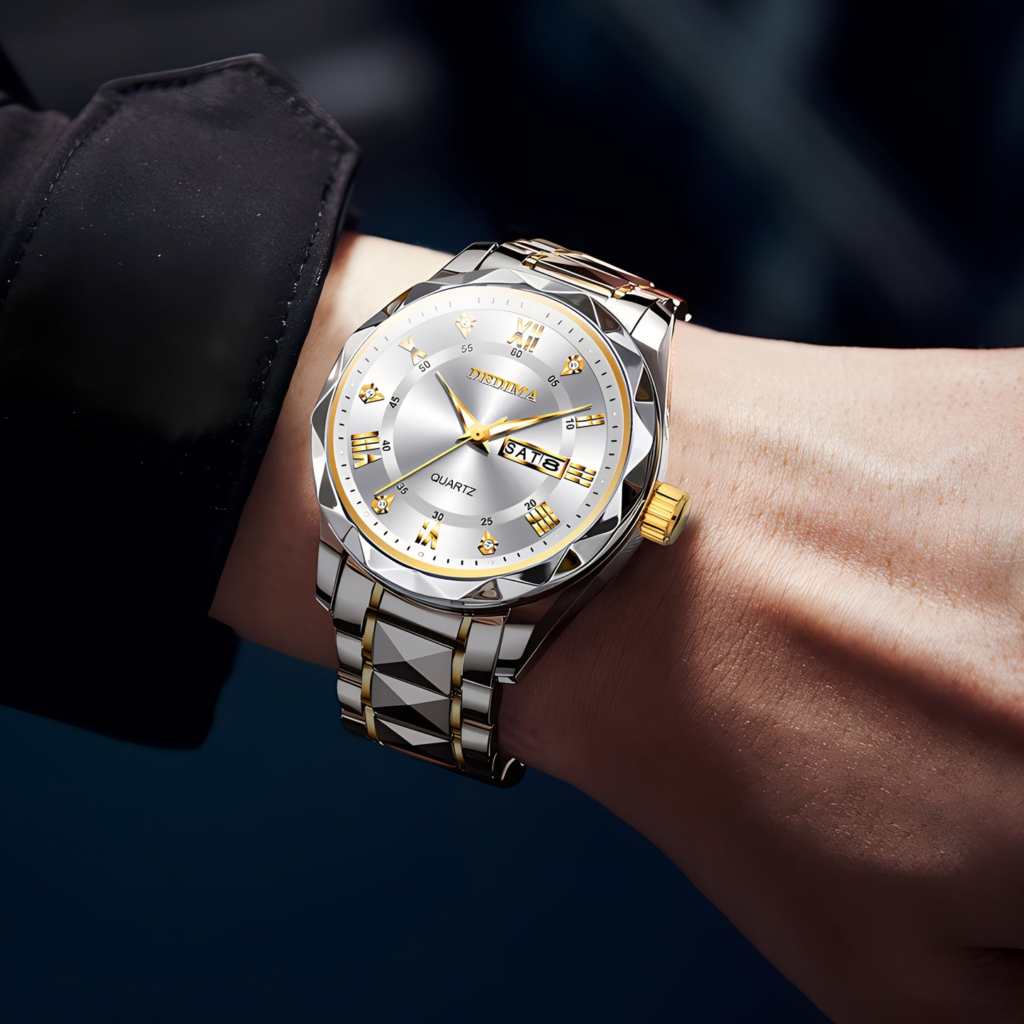 Elegant Men's Stainless Steel Watch with Dual Calendar, Luminous Display & Rhinestone Accents - Perfect for Business or Casual Wear