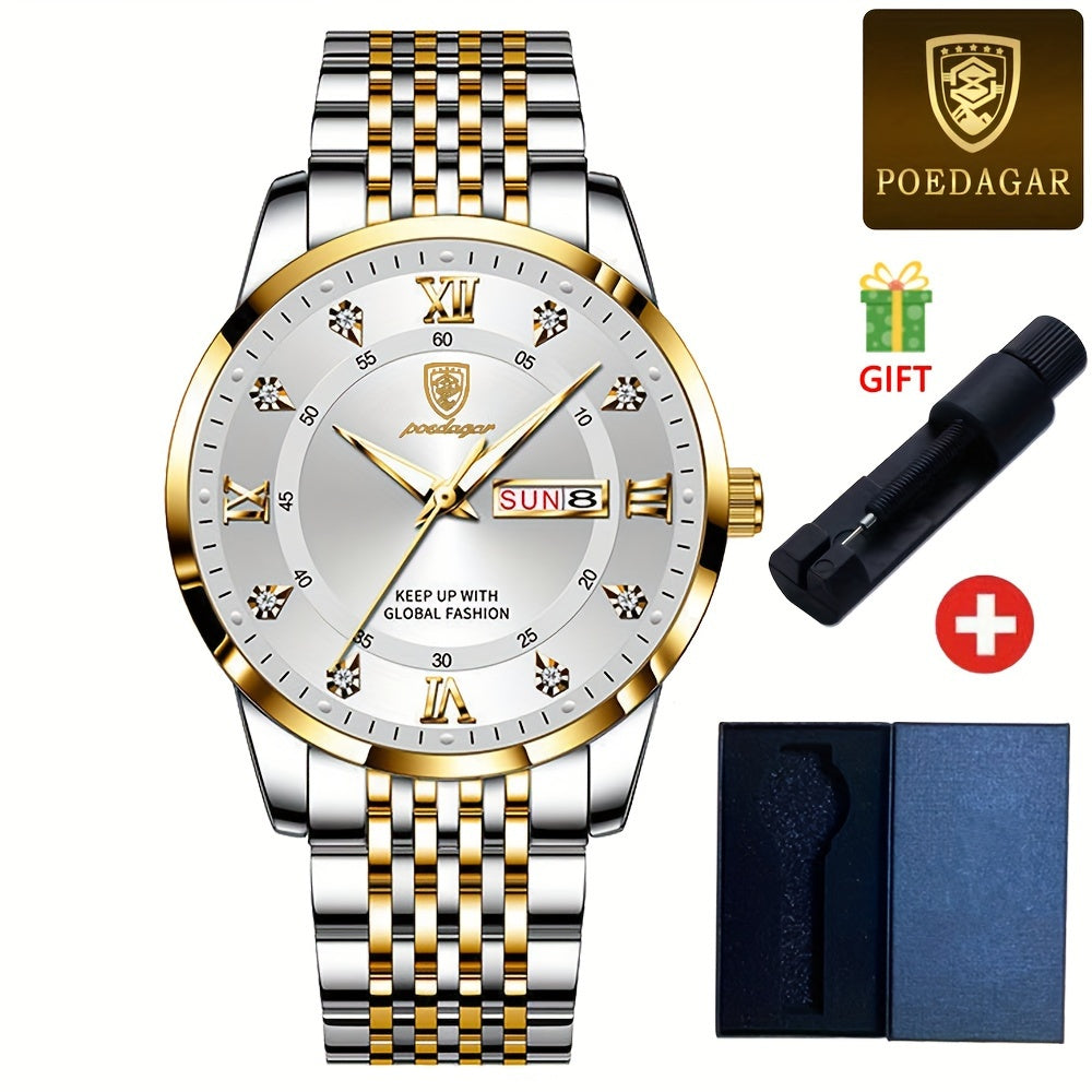 POEDAGAR Classic Men'S Stainless Steel Quartz Watch, IPX8 Luminous Weekly Calendar Watch for Men, Perfect Gift Option, Suitable for Women