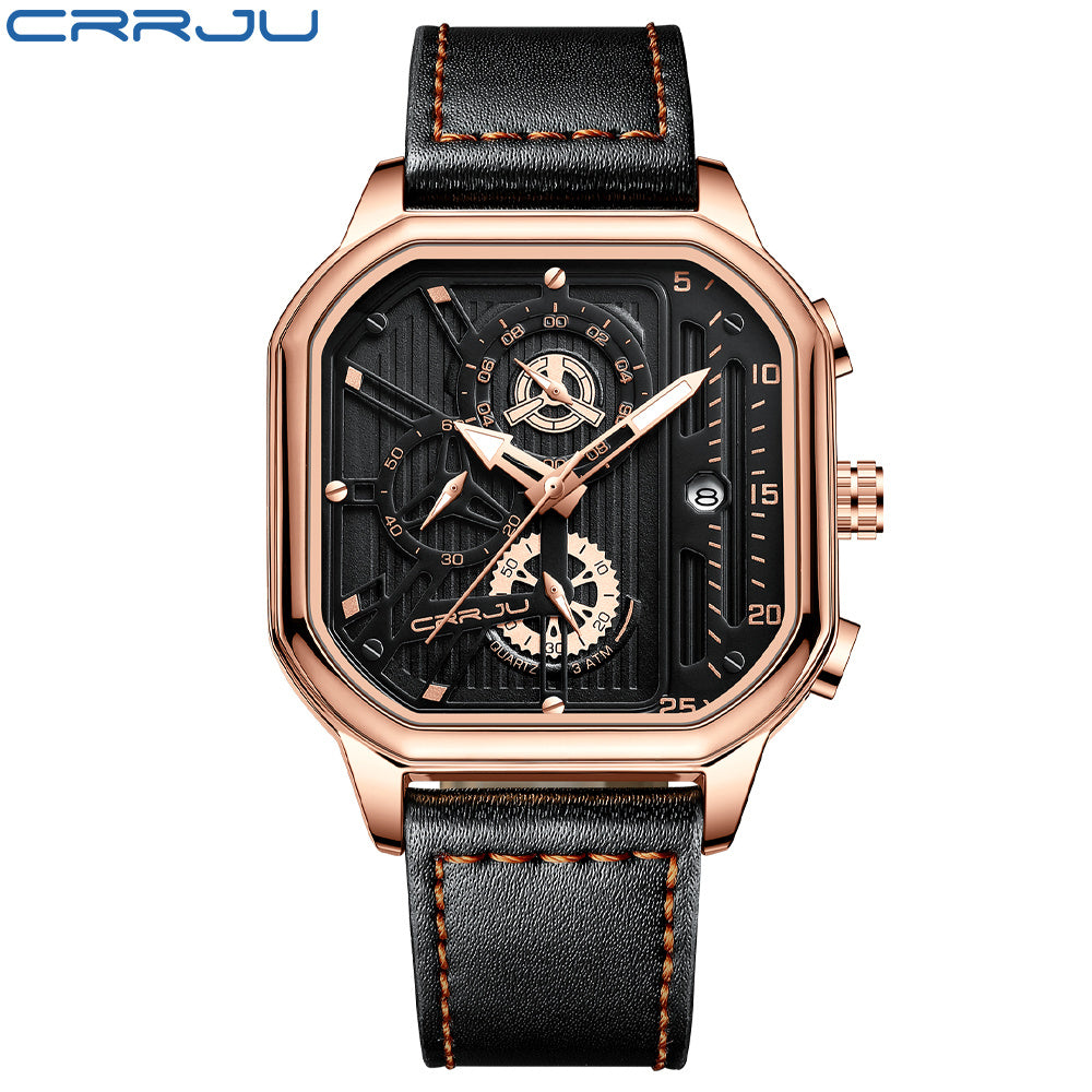 CRRJU Men's Sporty Chronograph Watch with Rose Golden Accents, Quartz Movement, IPX8 High Quality, Black Dial & Brown Faux Leather Strap - Durable Casual & Formal Timepiece
