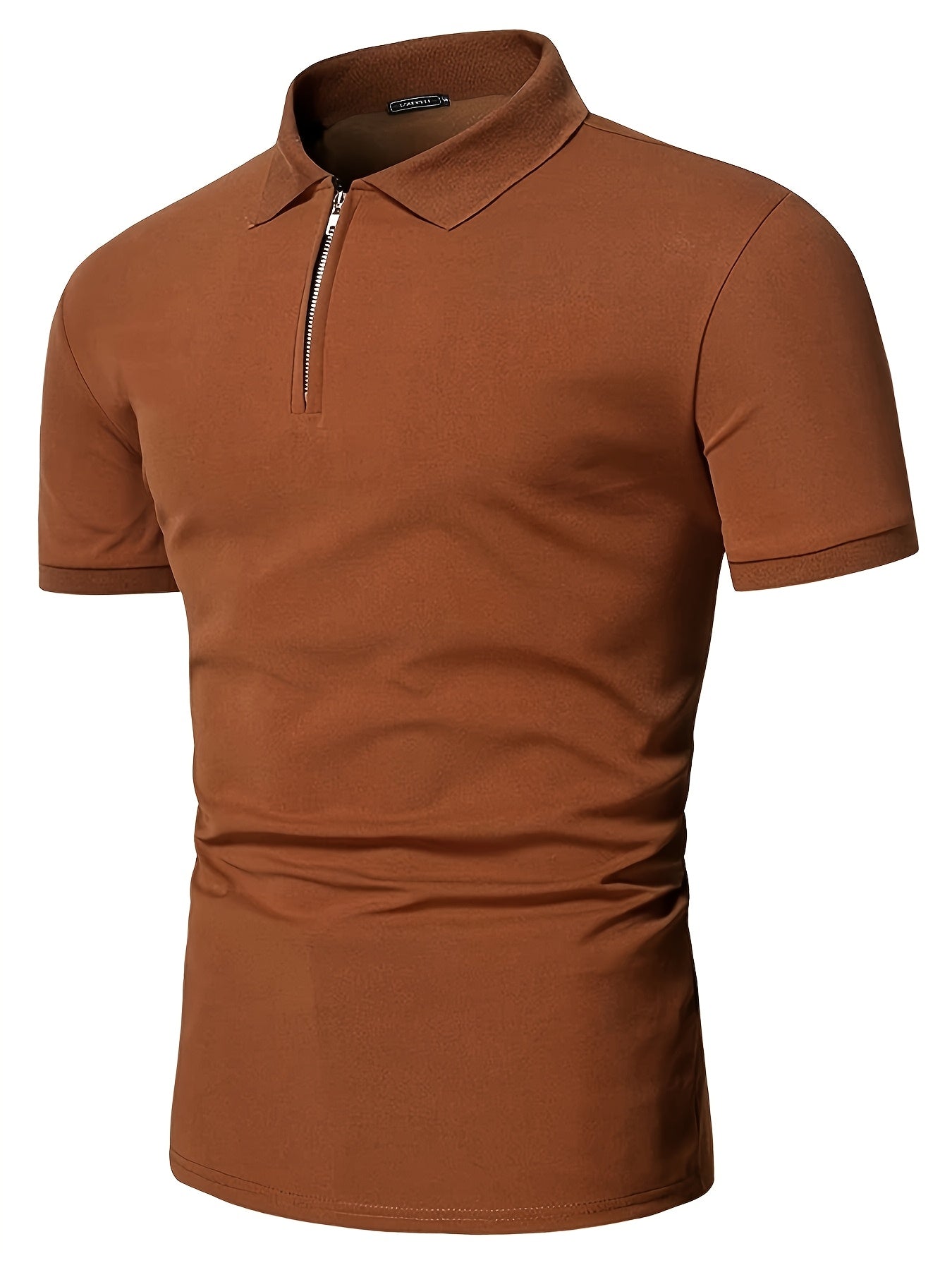 Casual Stretch Men's Solid Color Zipper Lapel Golf Shirt, Male Summer Streetwear
