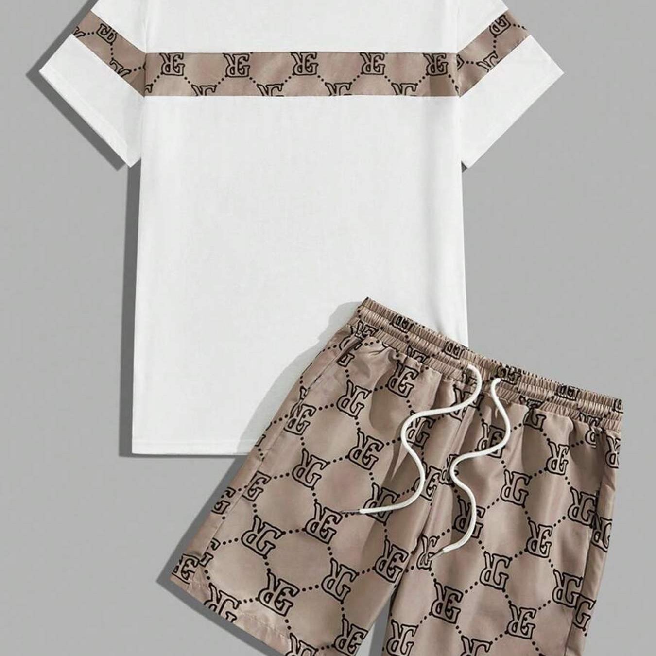 Men's fashionable casual T-shirt set- Checkered print design, round neck, short sleeve and shorts combination, fashionable and casual, two-piece set for summer daily wear