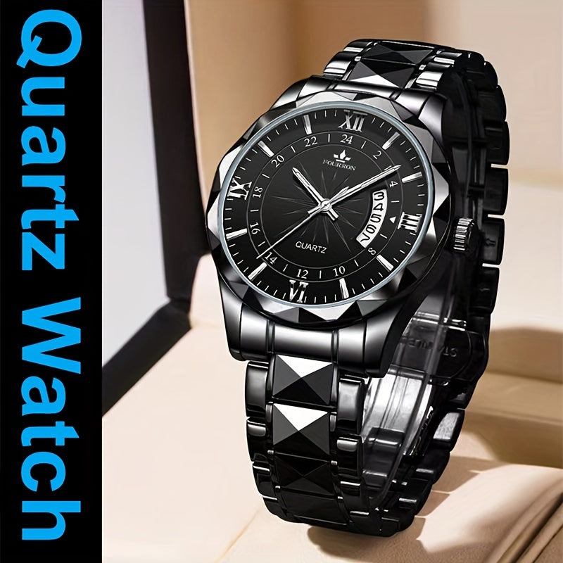 A New FOURRON Brand Men's Quartz Watch With Stainless Steel Strap And Case, Trendy And Luxurious Multi-functional Roman Numeral Dial, Luminous Watch, A Great Gift For Friends' Birthdays, Holidays, And Parties.