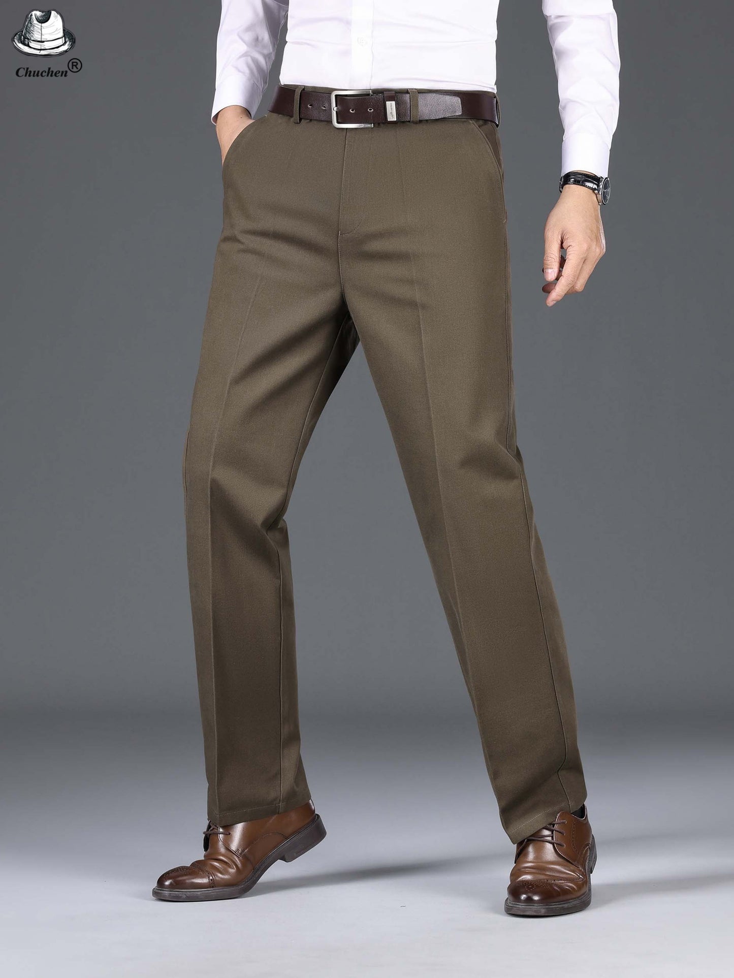 1pc Classic Fit Men'S Dress Pants - 100% Cotton, Solid Color, Non-Stretch, Regular Length, for Autumn/Winter - Business Casual Style