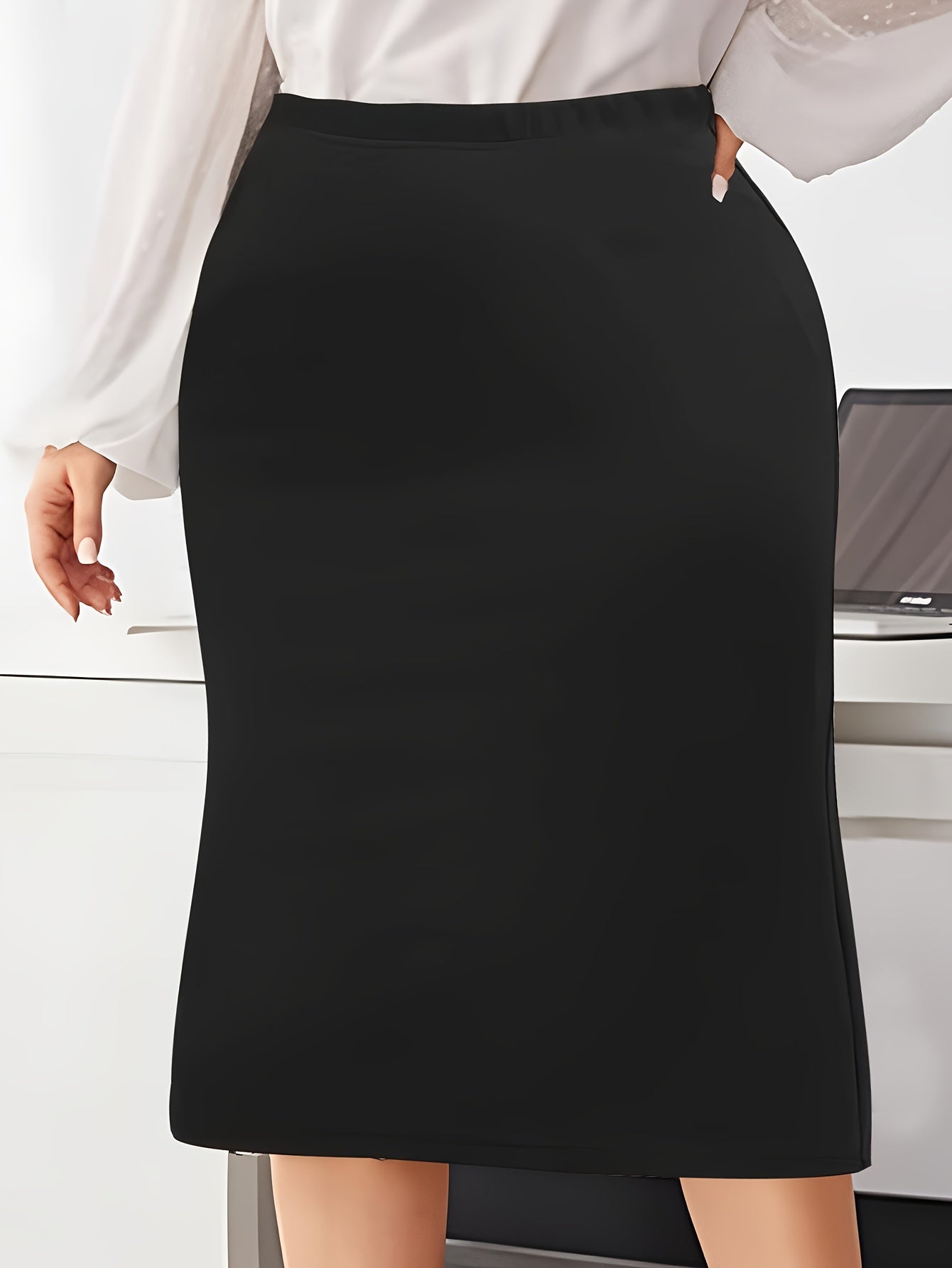 Plus Size Solid Color Bodycon Skirt, Elegant High Waist Midi Skirt For Spring & Summer, Women's Plus Size Clothing