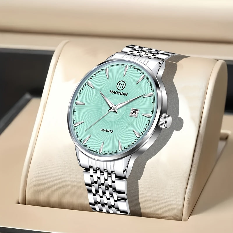 MAOYUAN Men'S Luxury Stainless Steel Quartz Watch with Date Display and Luminescent Hands - Elegant Green Dial, Metal Bracelet, Perfect for Business and Casual Attire, Ideal Gift for Men, Casual Watch | Elegant Watch | Quartz