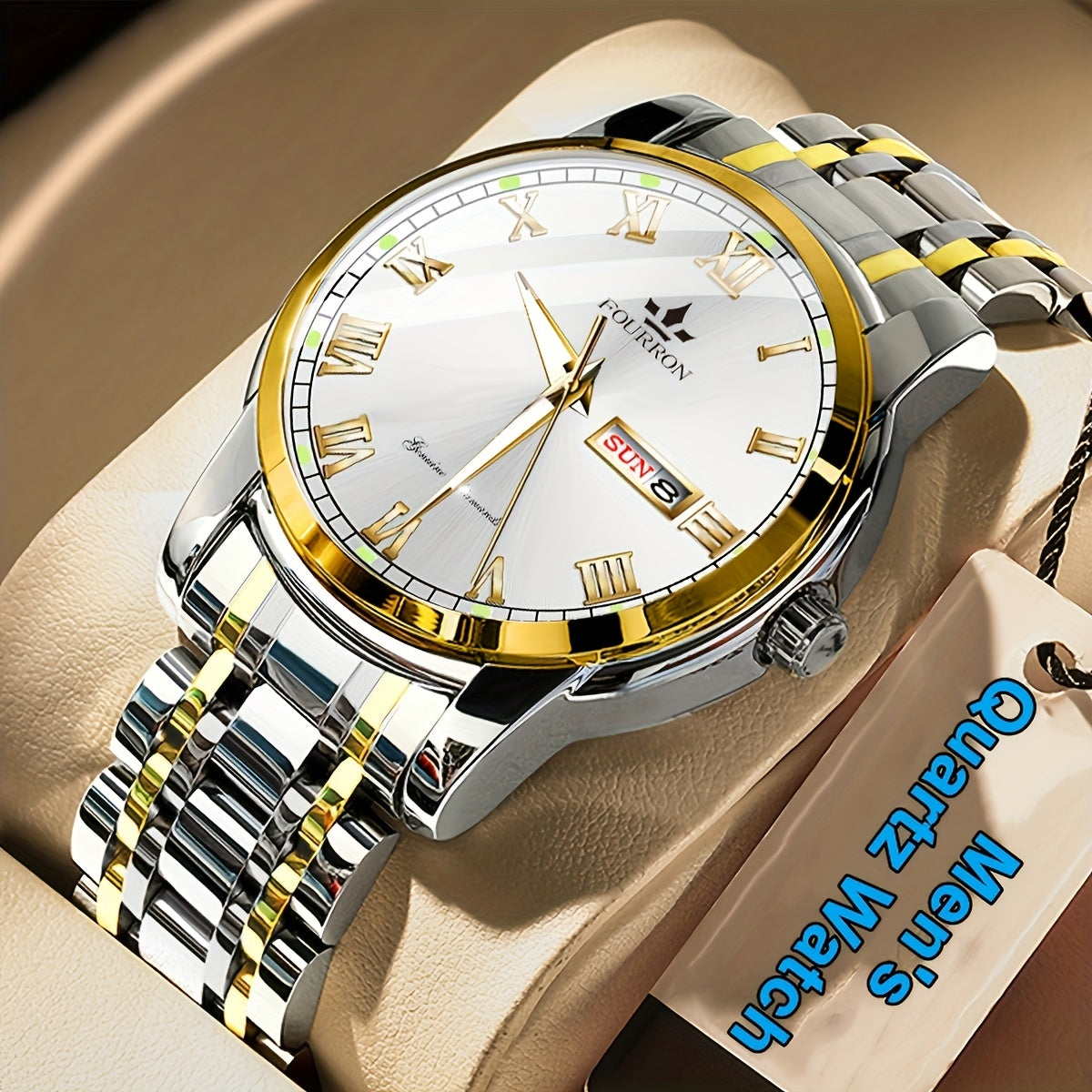 FOURRON Men'S Quartz Watch - Stainless Steel Band, Roman Numerals, Luminous, Waterproof, Ideal for Birthday & Holiday Gifts